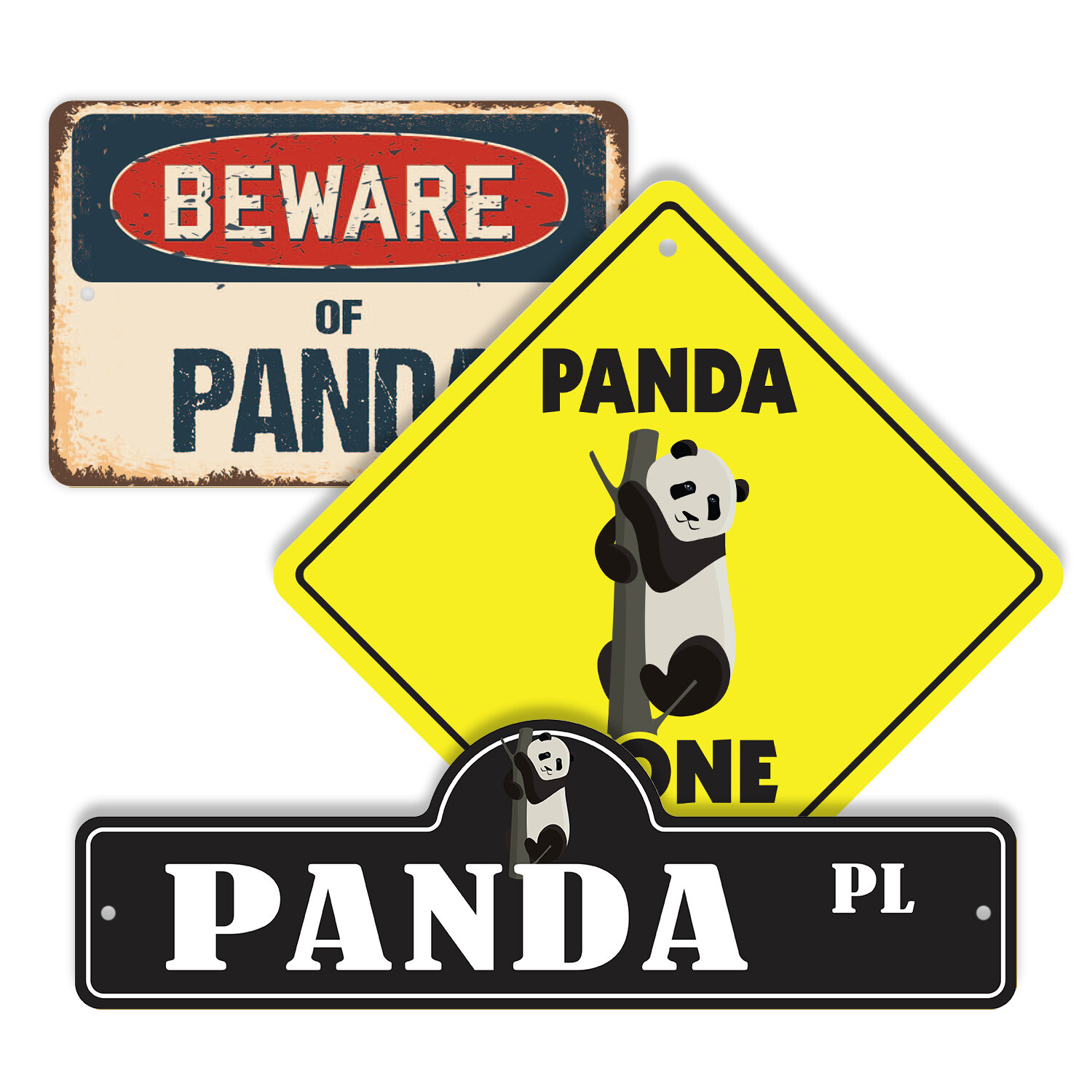 Panda (3 Pack) Plastic Street Sign Crossing Warning Vintage Rustic Beware