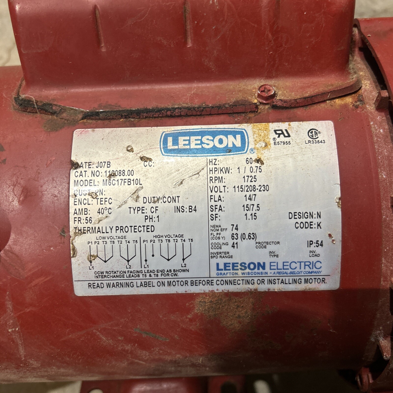 Leeson M6C17FB10L 1/0.75HP 115/208-230V 1725/800RPM 56FR 1PH 60HZ TEFC