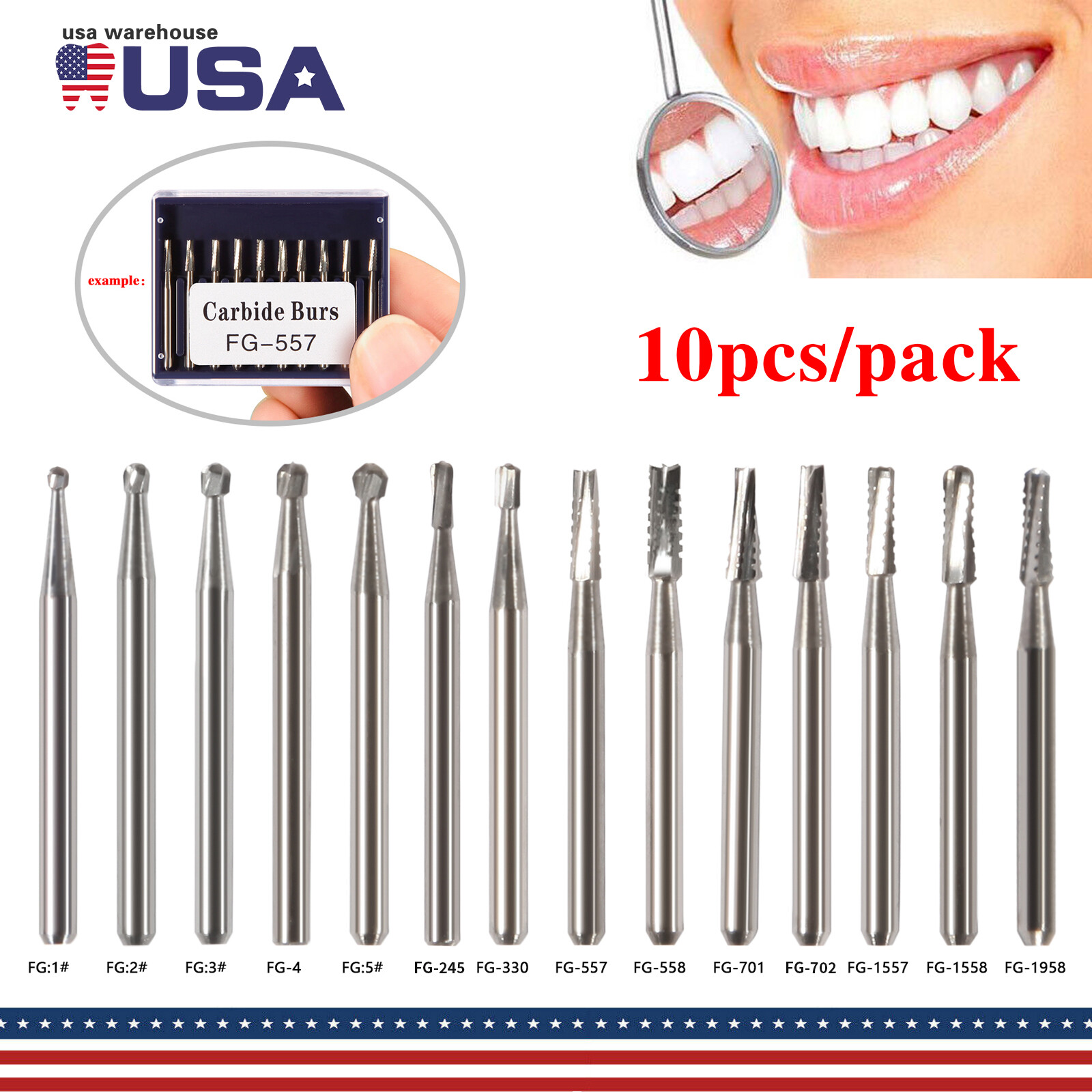 10-100 PCS Dental Lab Clinic Burs Shank Carbide Round Friction Grip FG Bur pa