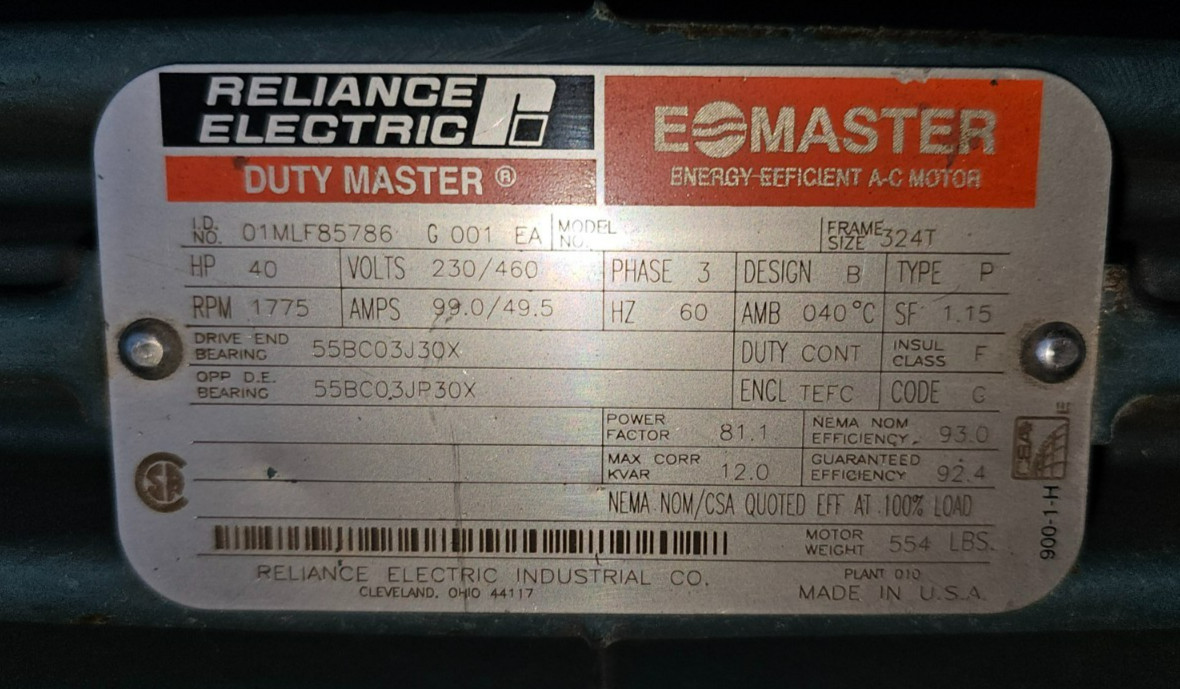 40 Hp Reliance E-Master AC Electric Motor 01MLF85786, 324T Frame 230/460V, 3 ph