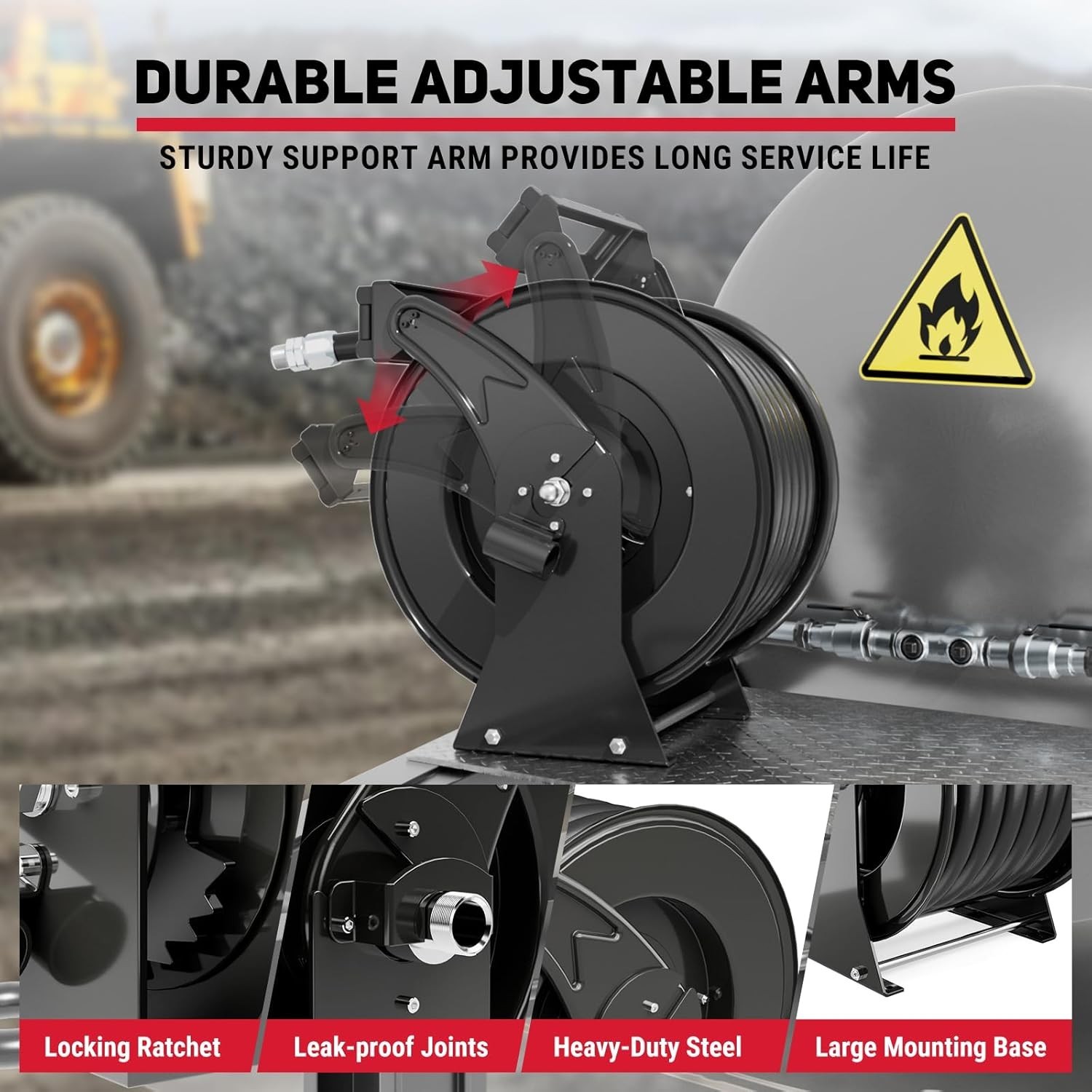 Fuel Hose Reel Retractable Diesel Hose Reel 1″ x 50′ Auto Fueling Nozzle, Black