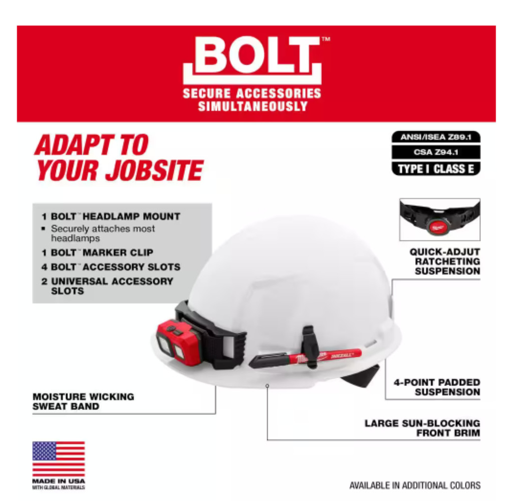 Milwaukee 48-73-1100 BOLT White Front Brim Hard Hat w/4pt Ratcheting Suspension