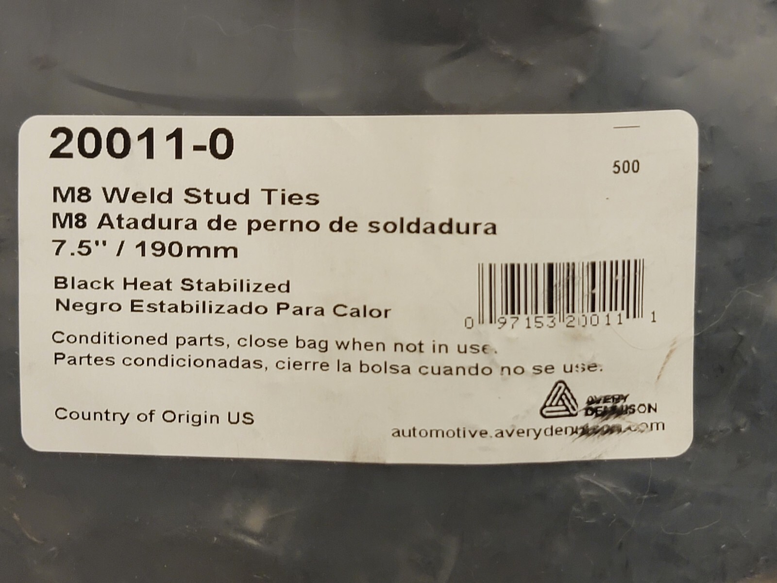 500pcs Avery Dennison M8 Weld Stud Ties Cable Ties 7.5″ / 190mm Black 20011-0