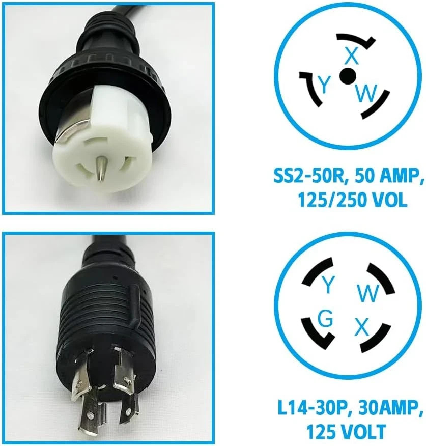 NEMA 3Ft L14-30P to 50A SS2-50R with Locking Ring 120V/240 30 Amp 4 Prong Male t