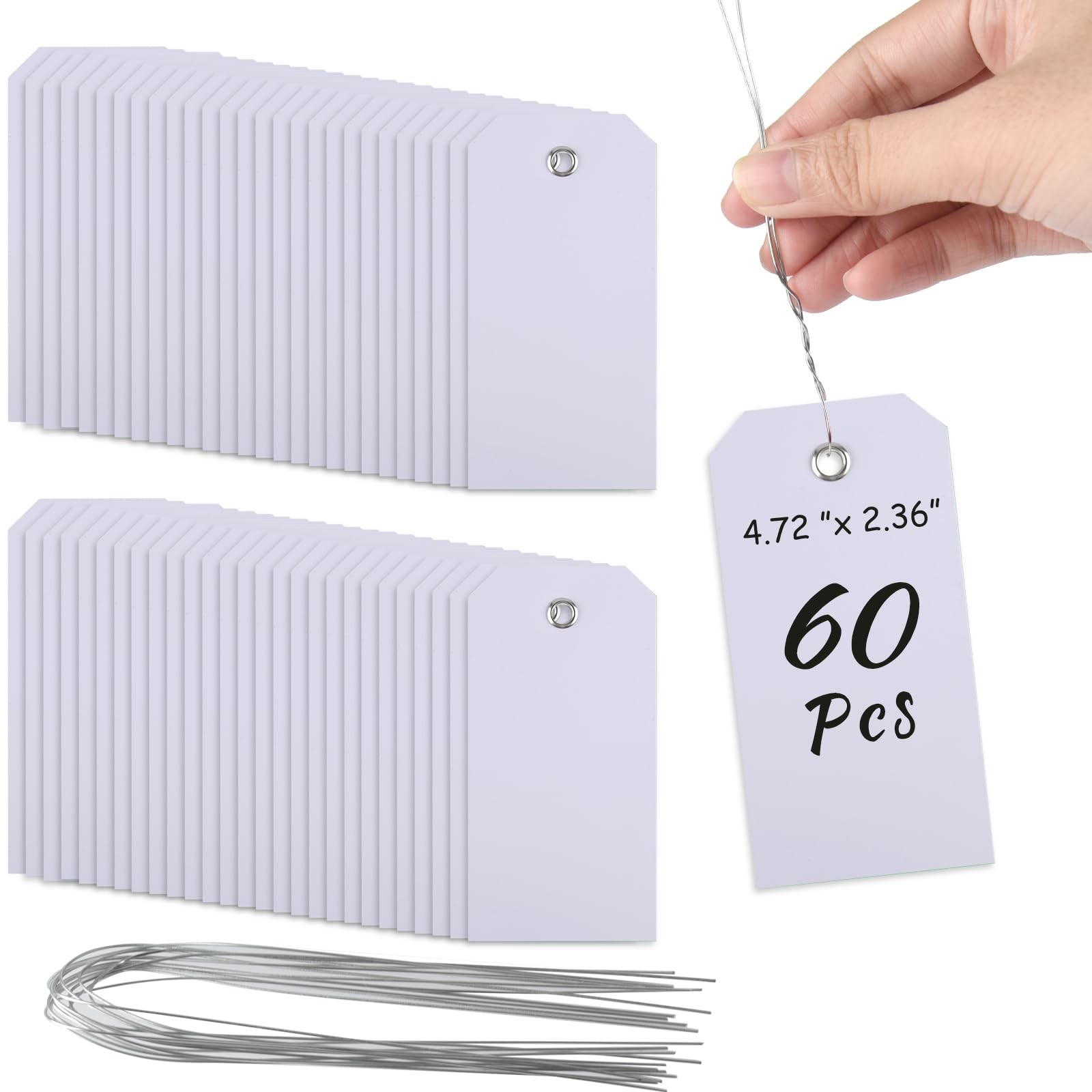 60 Pcs Tags with String Waterproof Tags, PLULON 4 3/4″ x 2 3/8″ 60P, White