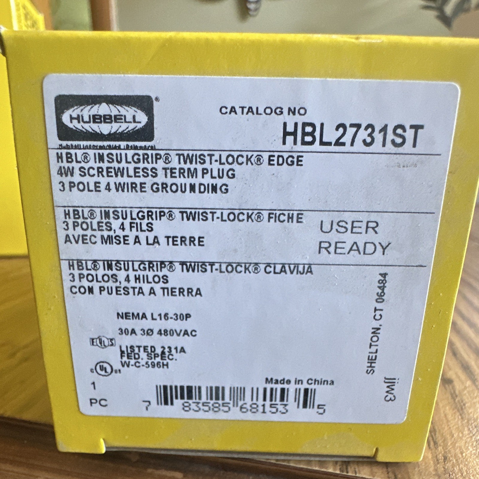 Hubbell HBL2731ST Twist-Lock Plug NEMA L16-30P 30A 480VAC Grounding