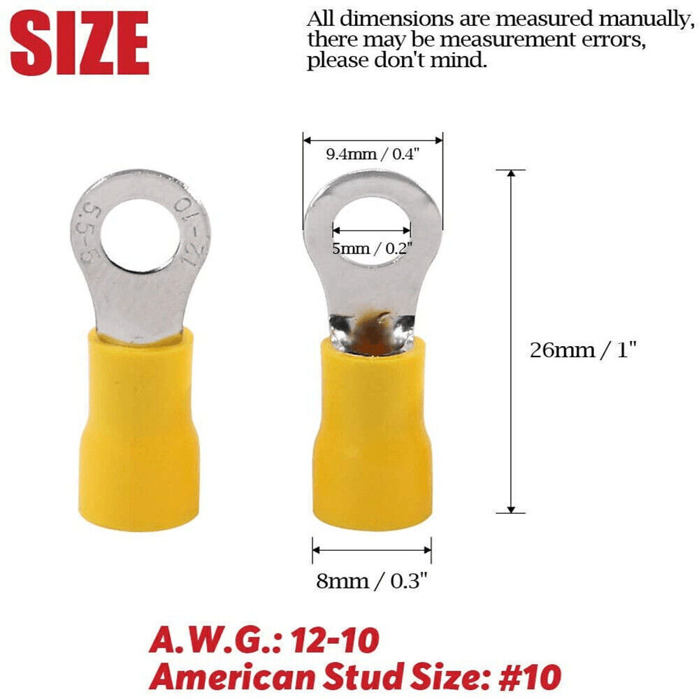 4.0-6.0mm Yellow PVC Terminals Insulated Ring Connector 12-10AWG M5/M6/M8/M10