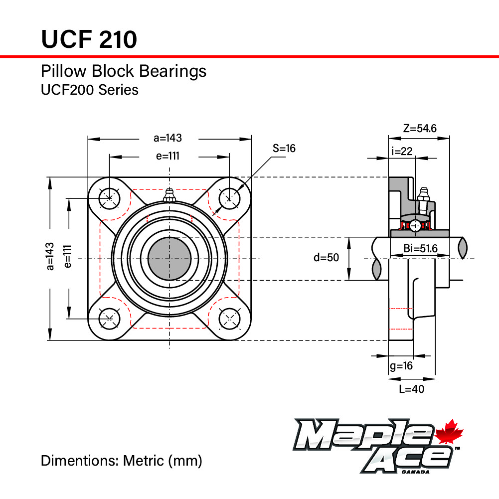 UCF210 Flange Bearing 50mm Bore, 4-Bolt Self-Aligning, Solid Base (Qty 1)