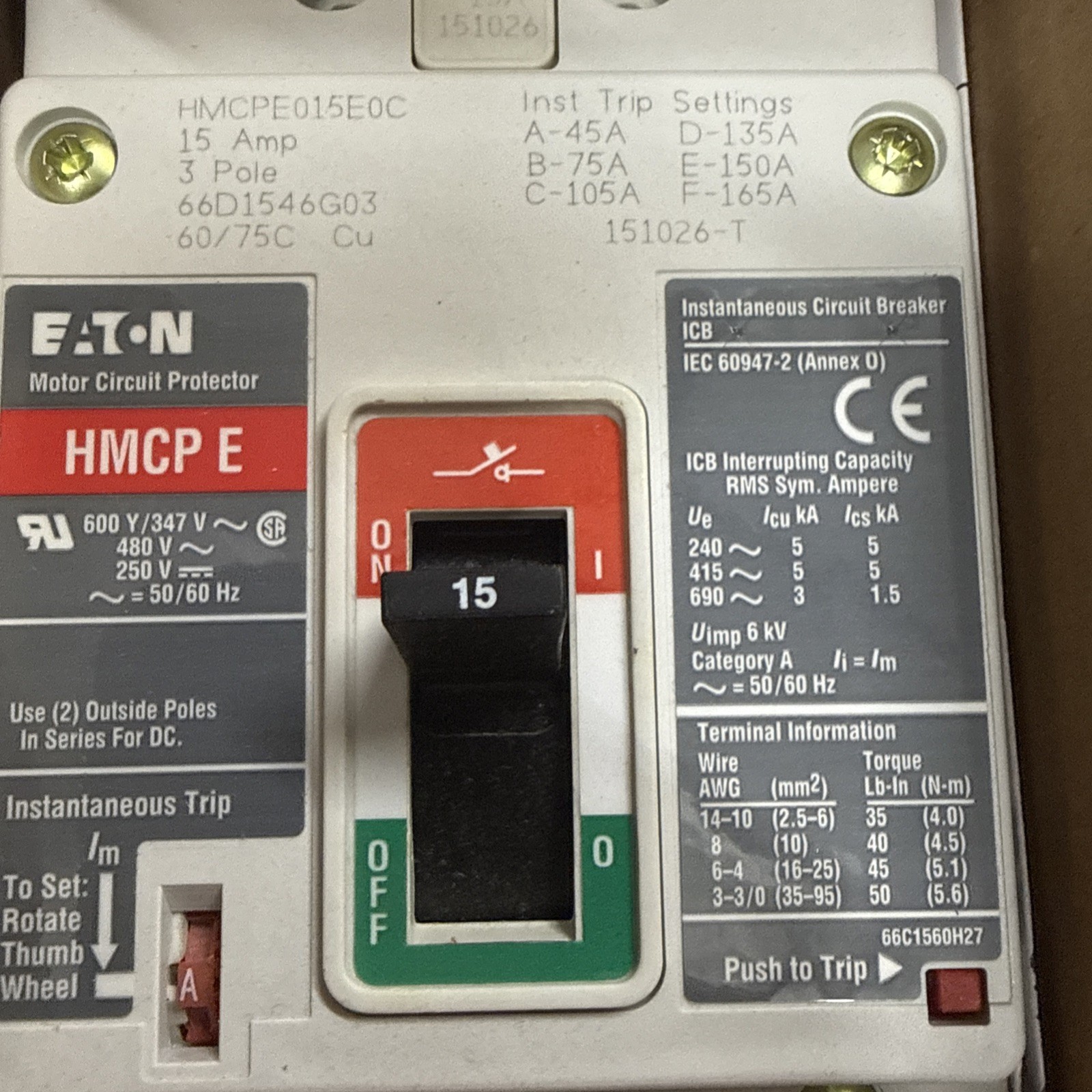 EATON HMCPE015E0C 480VAC 15A New