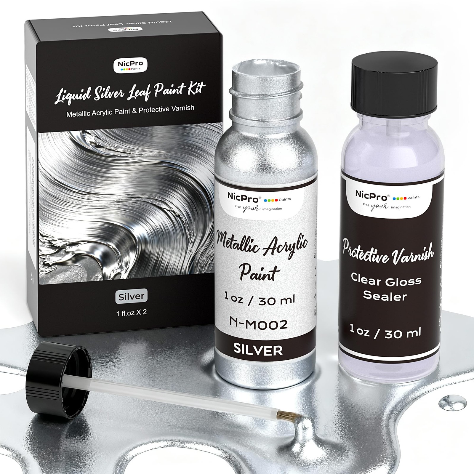 Nicpro Metallic Silver Acrylic Paint Kit – 1oz 1 Fl Oz (Pack of 2),