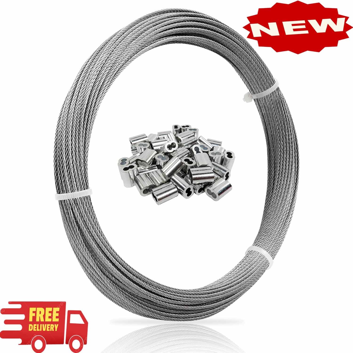 Cable de acero inoxidable 304 de 1/16 de pulgada, 30,5 m (100 pies), con 50 mang