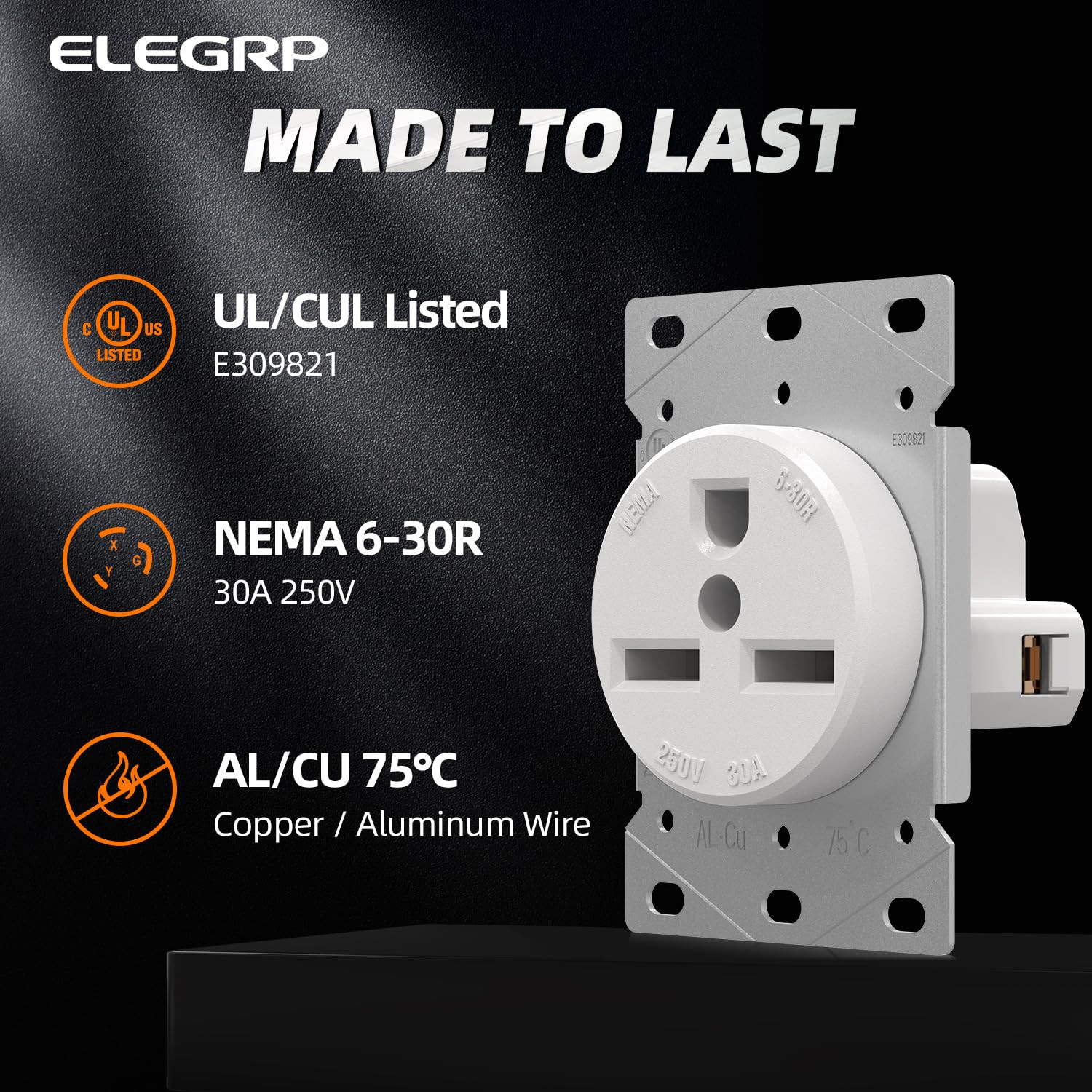 White 30 Amps 250V Flush Mounting Power Receptacle, NEMA 6-30R, Straight Blade P