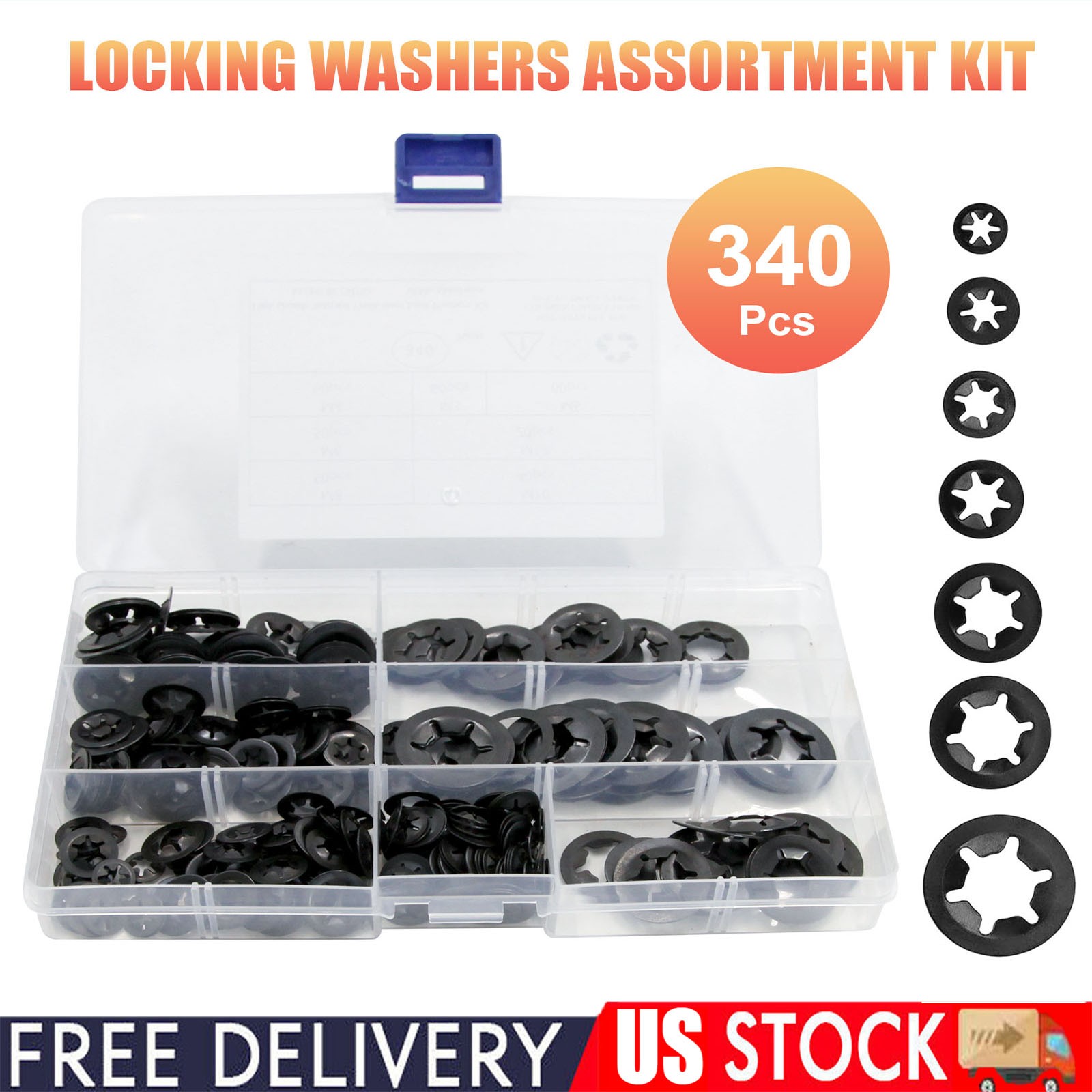 340pcs Assortment Internal Tooth Star Lock Spring Quick Washer Push On Speed Nut