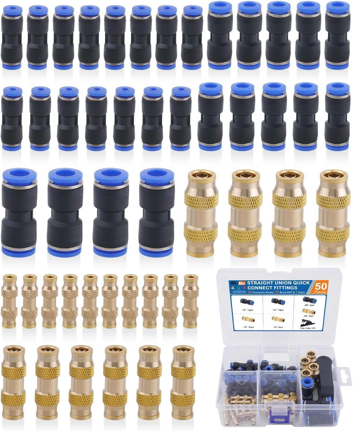 50PCS Push to Connect Fittings Kit, Plastic and Brass Combination Quick Connect
