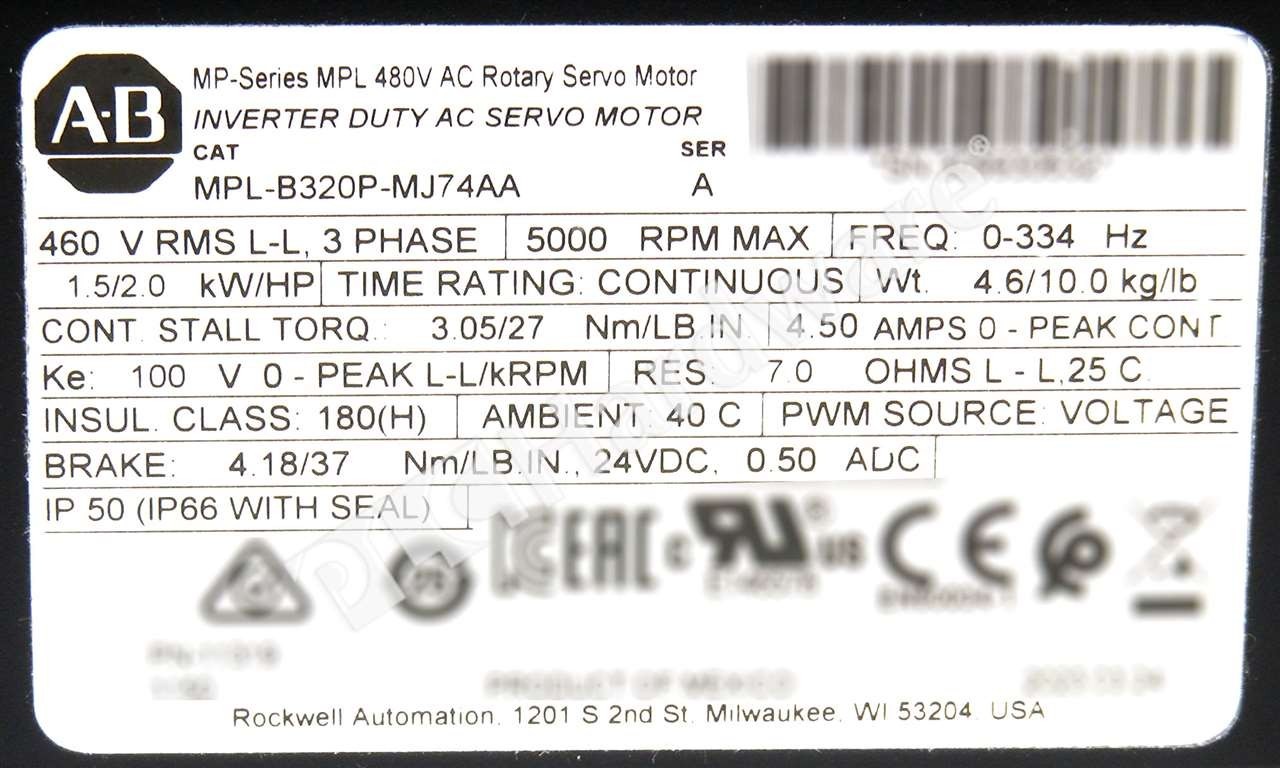 Open Pre-owned Allen Bradley MPL-B320P-MJ74AA /A 460V 5000RPM 3.05Nm Servo Motor