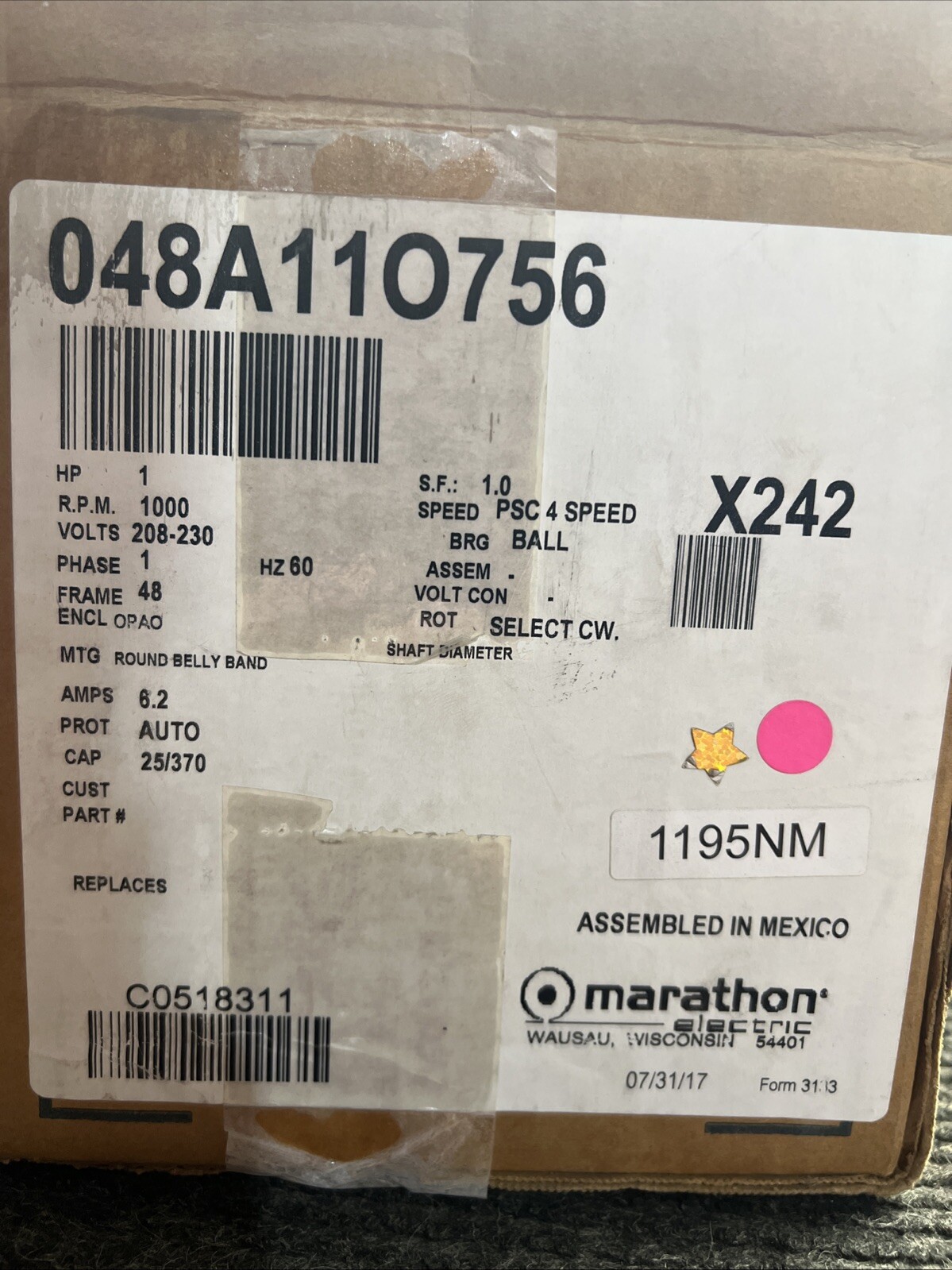 Marathon 048A11O756 1Hp 1000Rpm 208-230V