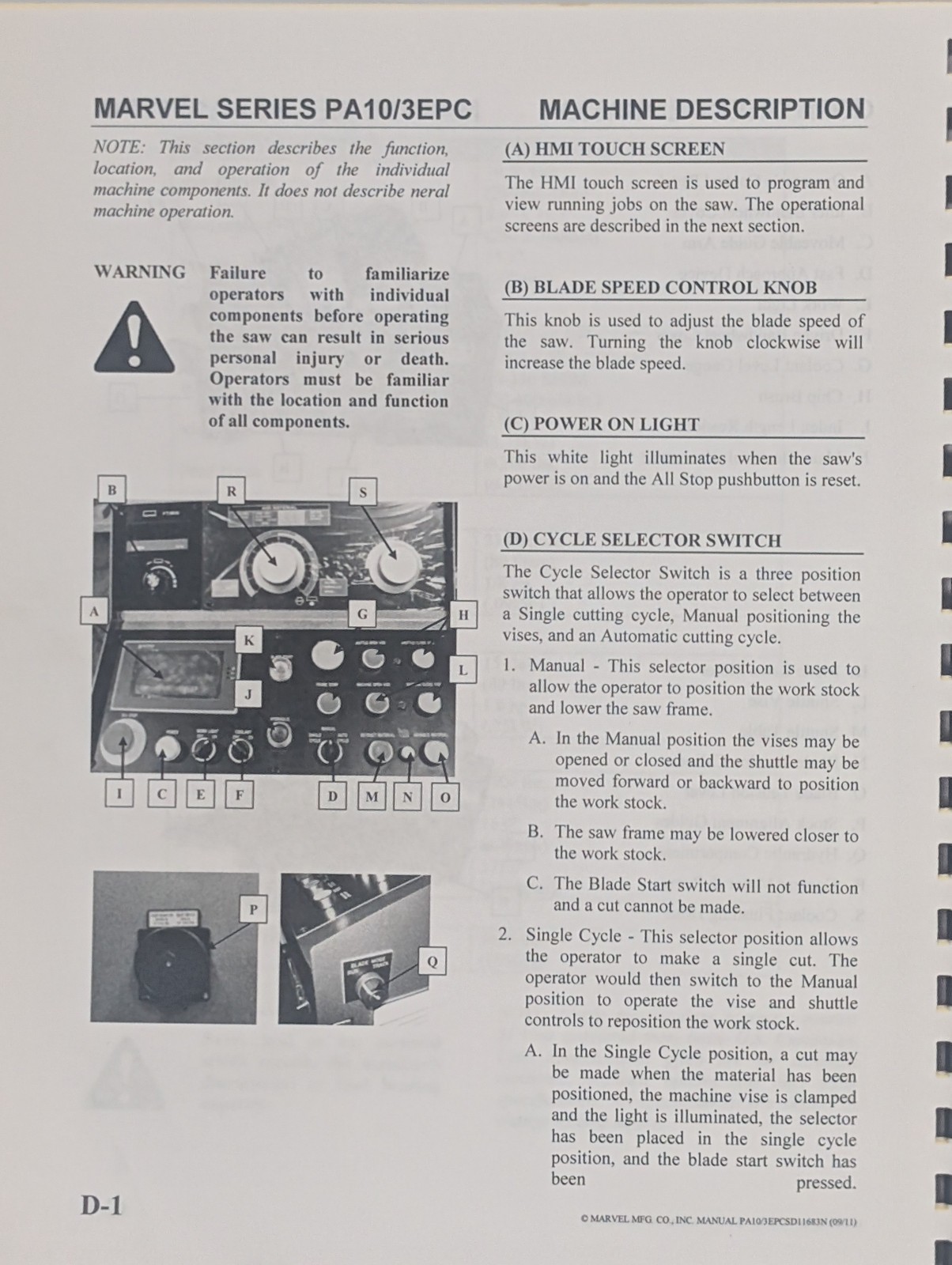 Marvel Manufacturing Series PA10/3EPC Horizontal Metal Cutting Bandsaw Manual