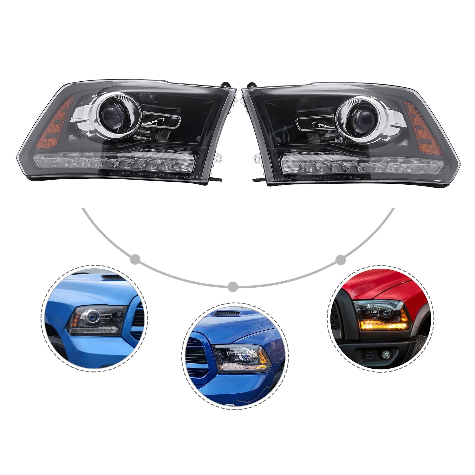 13-18 for Ram 1500 2500 3500 19 Classic Proj Headlight Pair LED DRL Halog CH2502