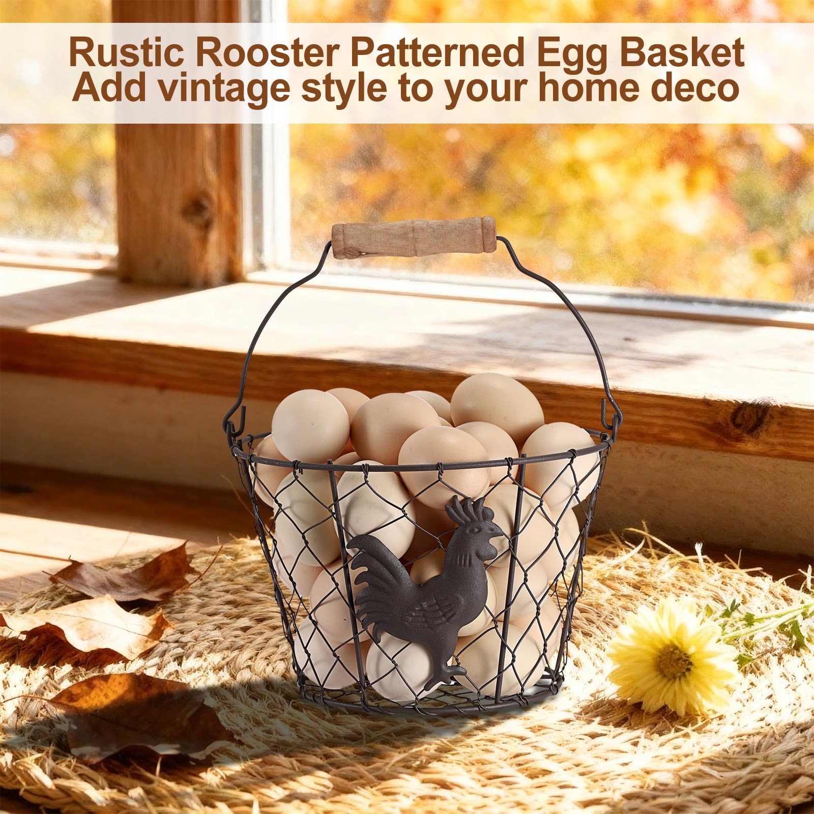 3 PCS 8’’ Farmhouse Egg Collecting Basket with Wood Handle, Rustic Metal Wire…