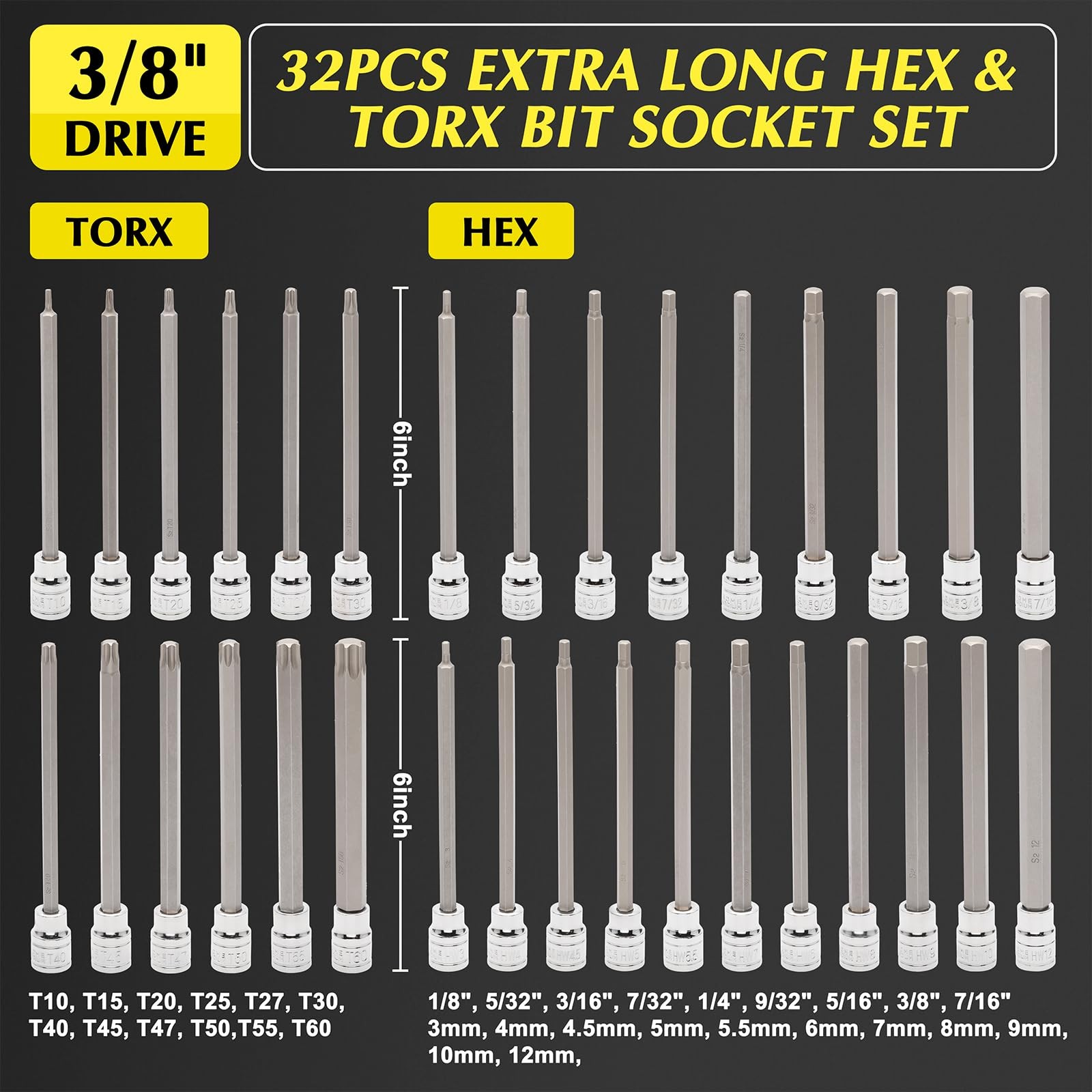 32 Piece Extra Long Hex Torx Bit Socket Set 3/8 Drive CR-V S2 Steel 5.9In Chrome