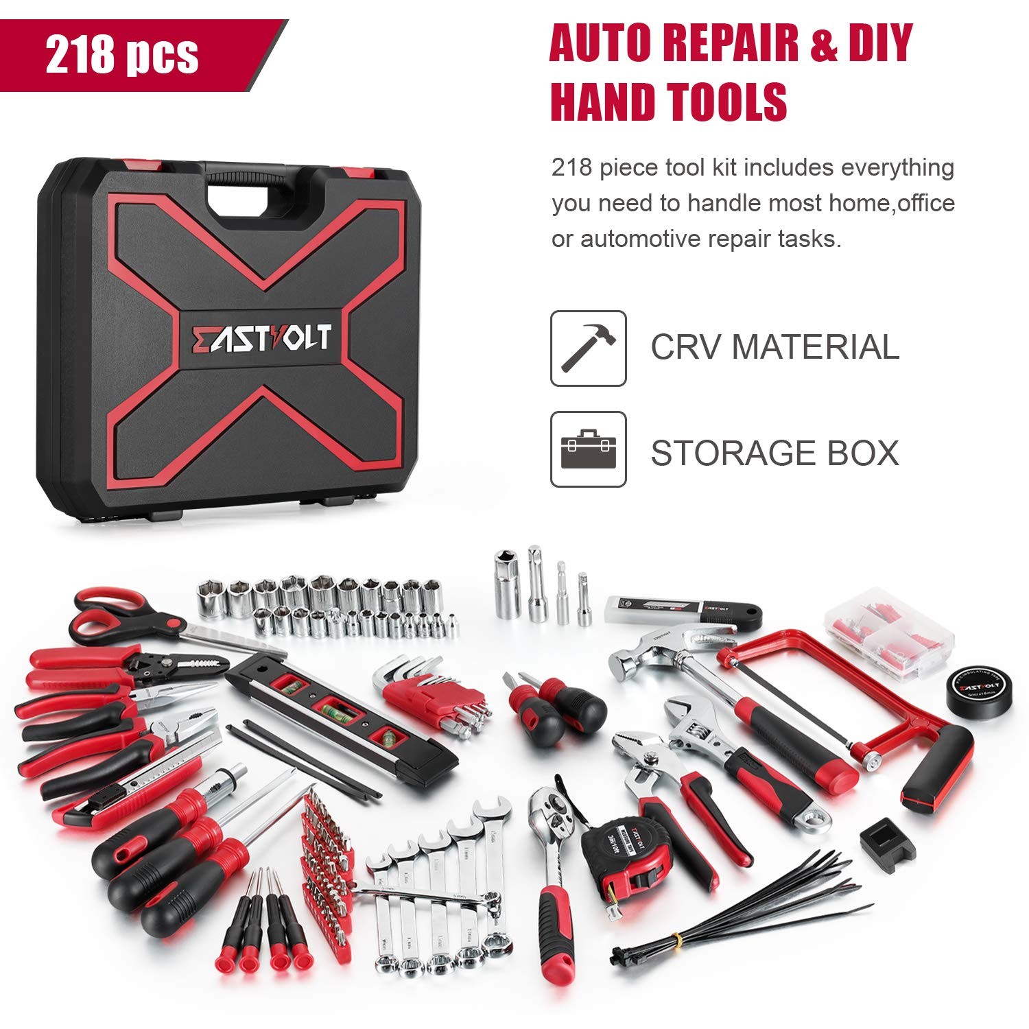 Eastvolt 218PC Household Tool Kit Home Repair Mechanic Toolbox Set Black Red