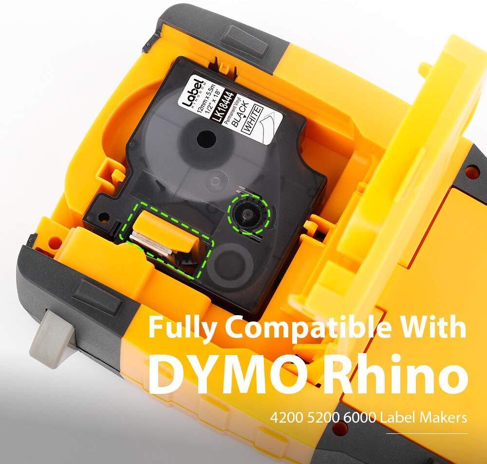 5PK Vinyl Label Tape 18444 12mm Black / White for DYMO RHINO 3000 4200 5200 6000