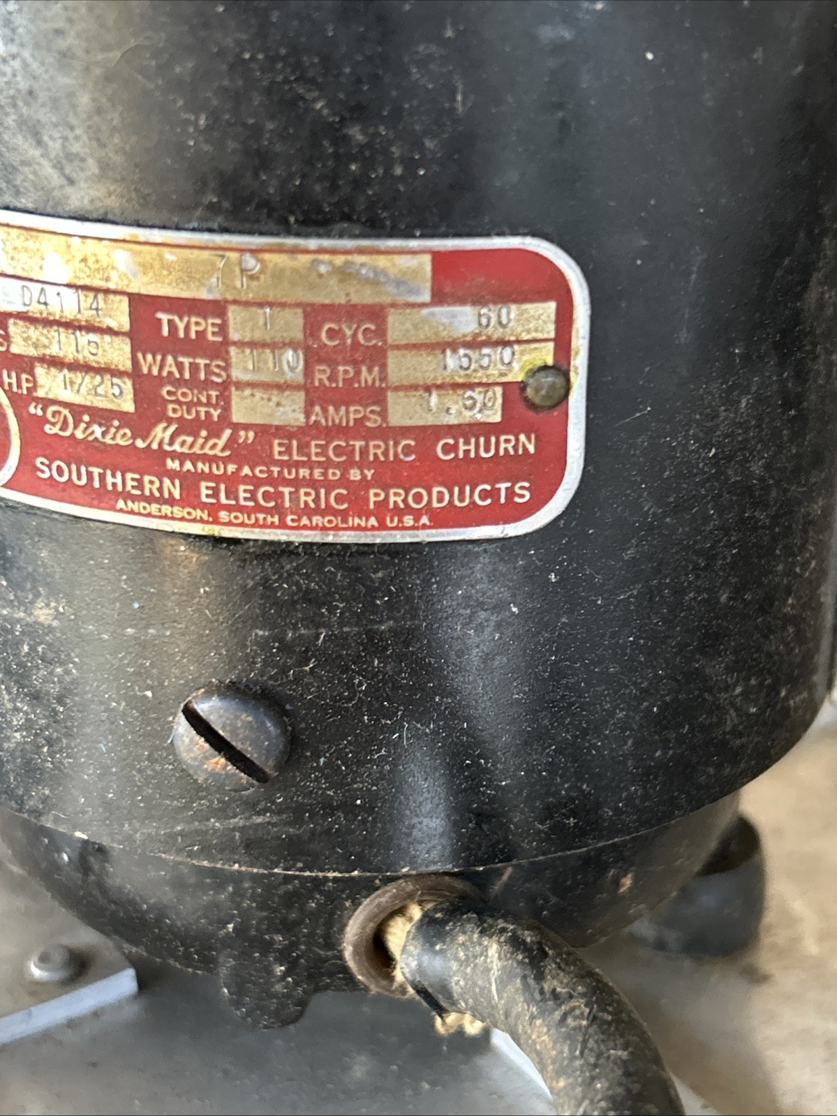 “DIXIE MAID” Electric Churn Motor(ONLY) Southern Electric Products. WORKS!