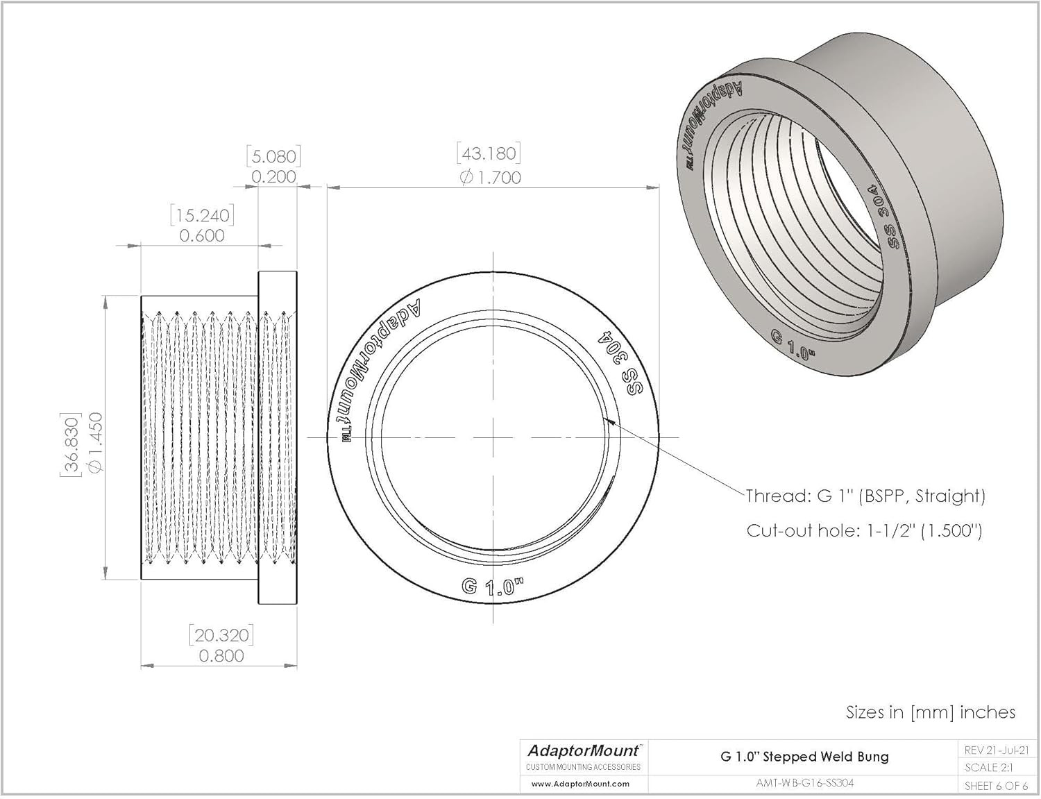 G 1″ (BSPP) Stainless Steel 304 Female Threaded Stepped Weld Bung Mounting Fitti