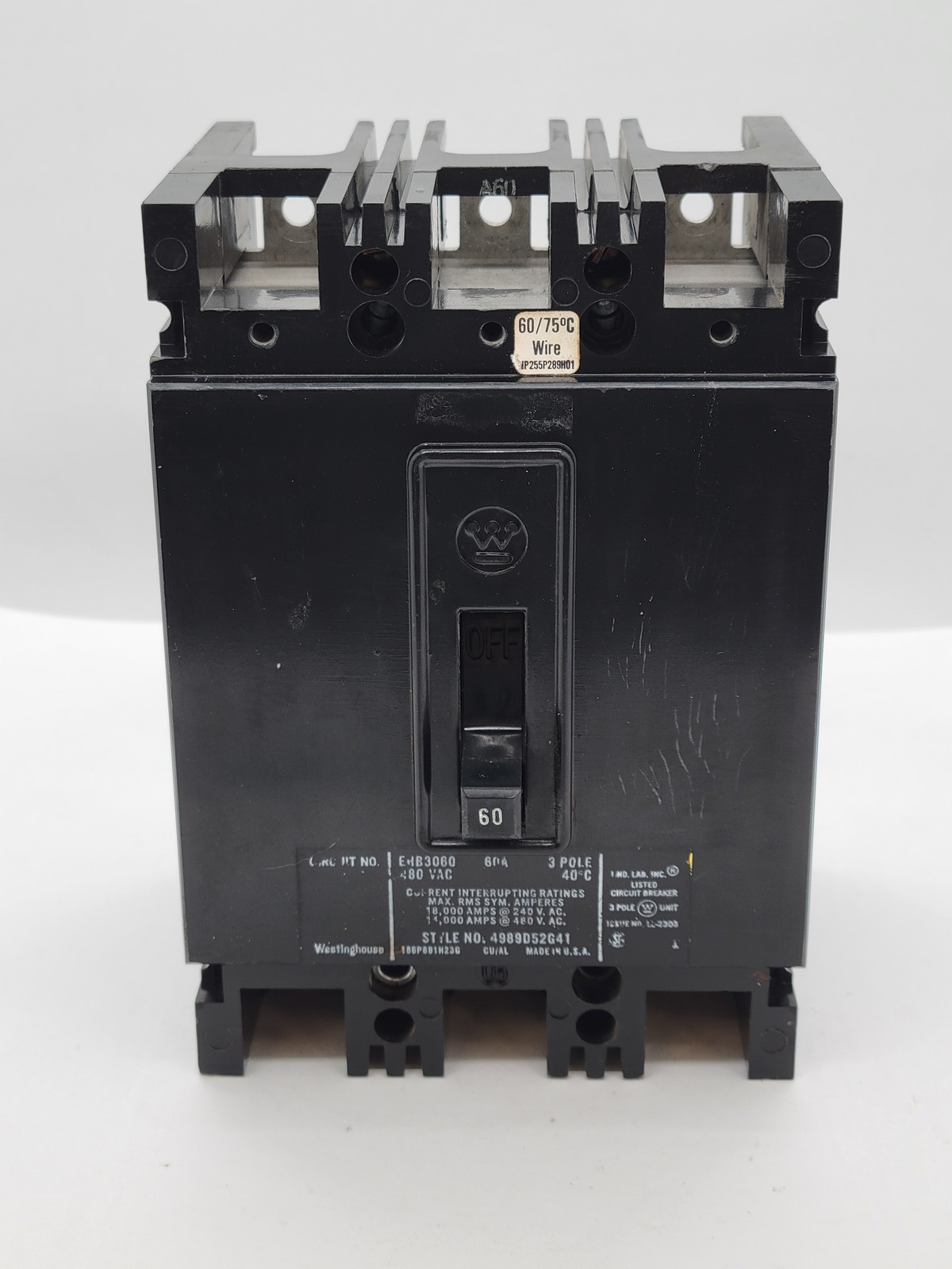 Westinghouse EHB3060 Bolt-On Circuit Breaker 60A 3P 3PH 480V 14KA EHB