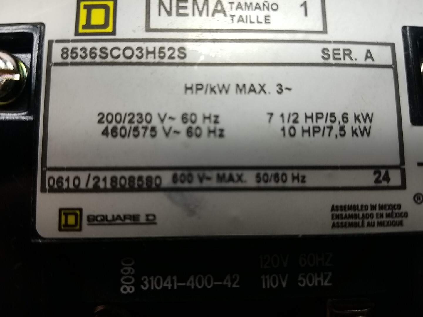Square D 8536SCO3H52S Nema Size 1 Contactor Series A