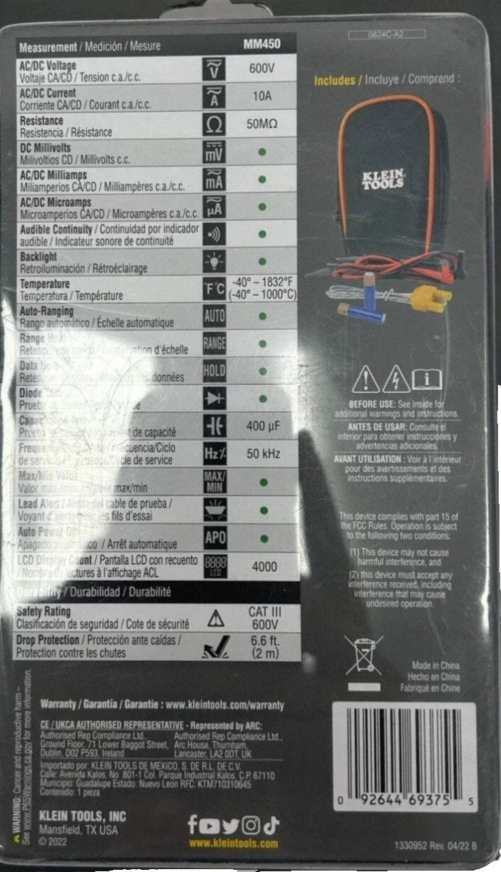 New Klein Tools Auto-Ranging Slim Digital Multimeter MM450