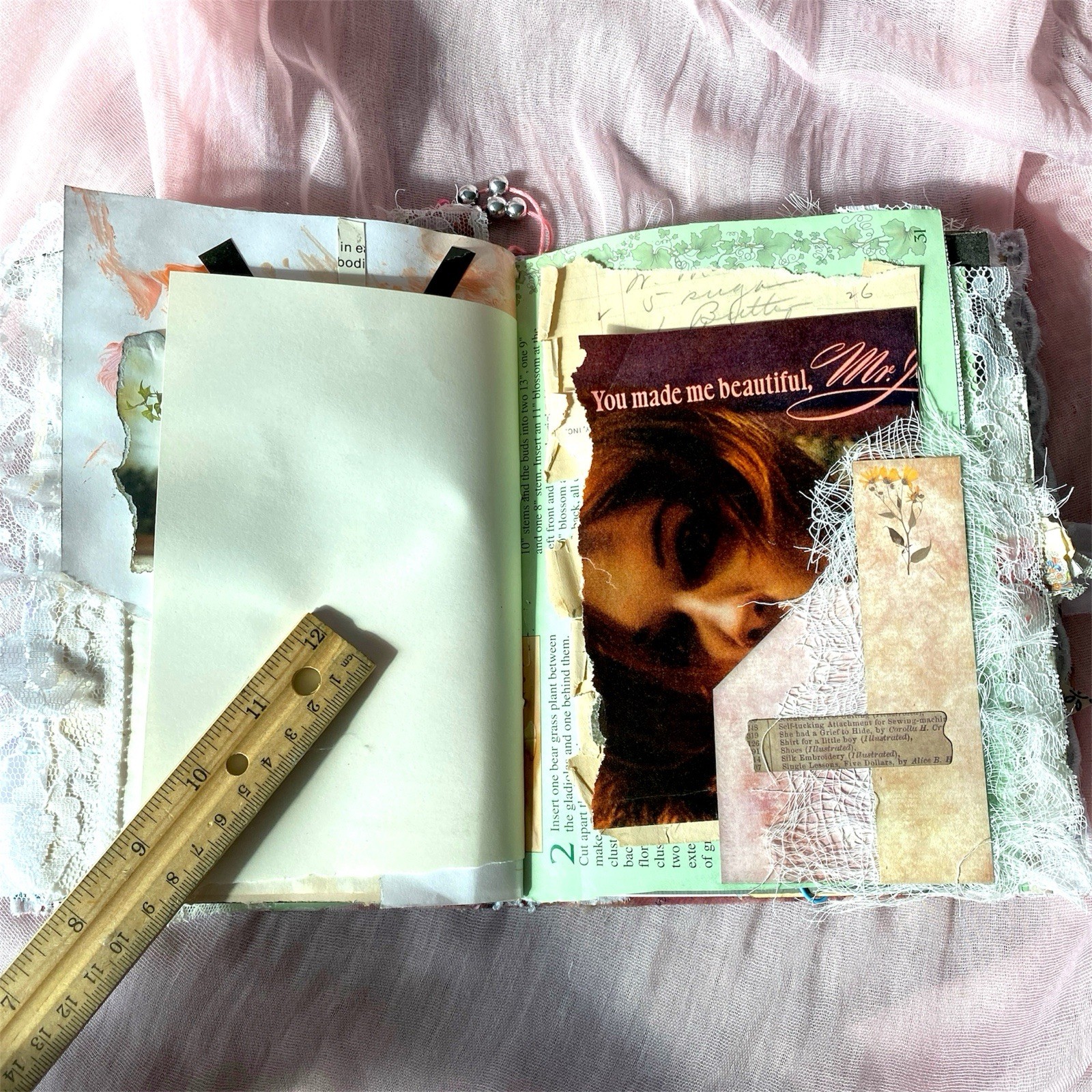 Handmade Vintage Silk Fabric Junk Journal Book Romantic Floral 2 Signatures Lace