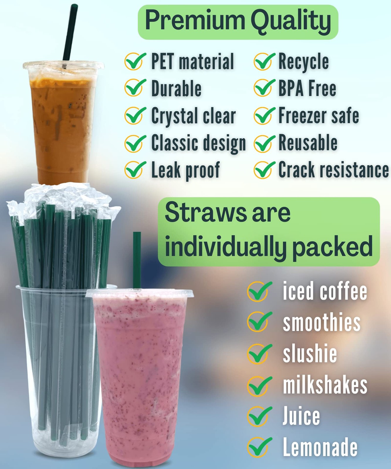 32 oz Clear Plastic Cups with Lids and STRAWS, 50 Piece Set, Transparent