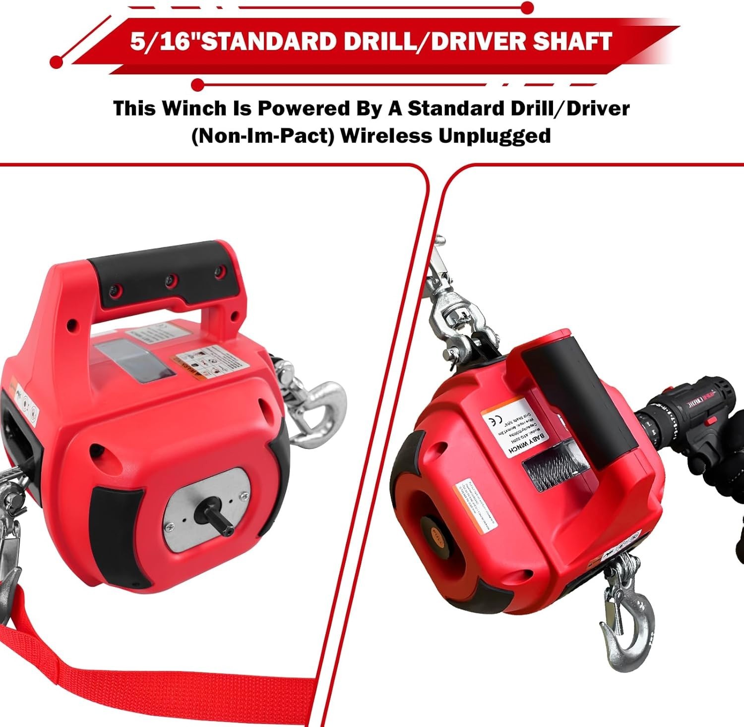 Portable Drill Winch 1500LB Capacity Hand Winch with 40FT Steel Cable 360°