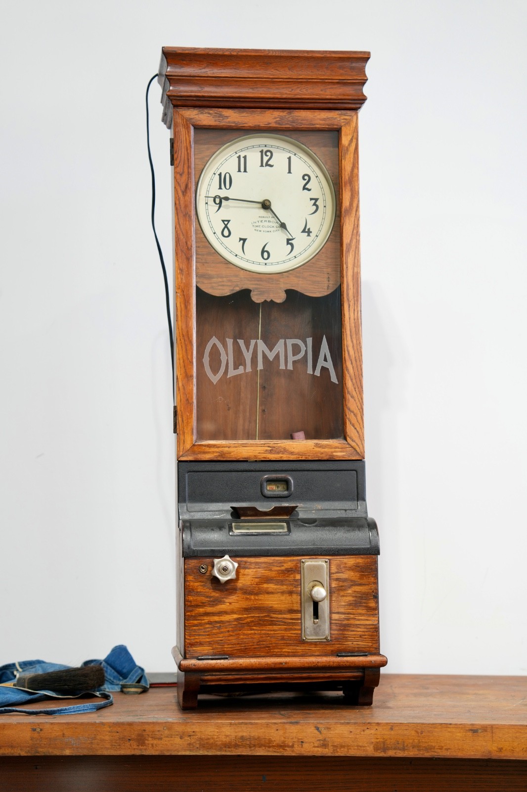 Antique Time Recorder Vintage Time Card Clock Oak Cabinet Olympia wood
