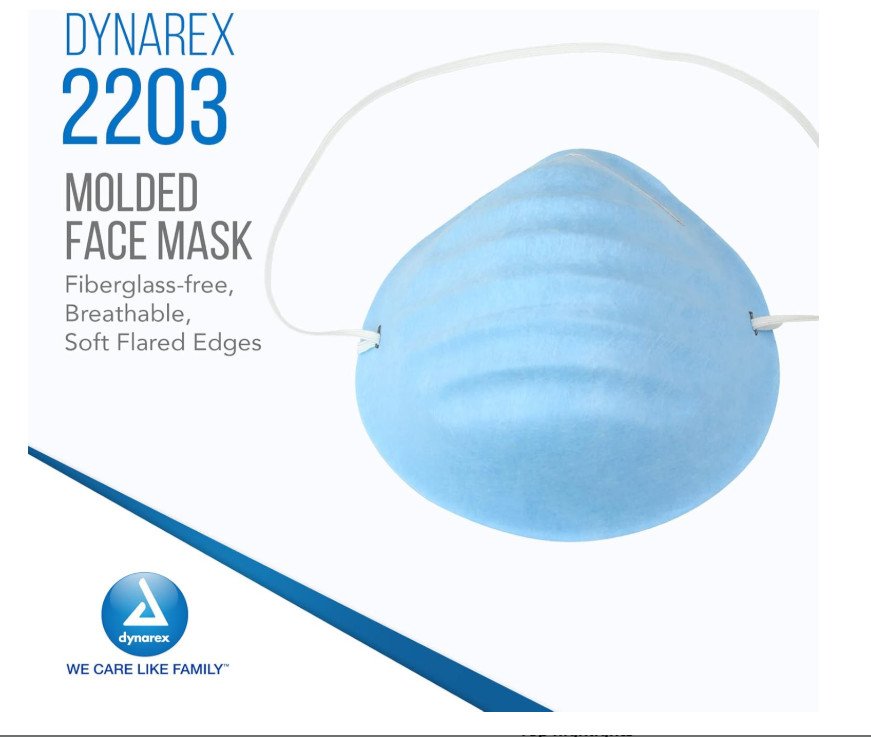 Dynarex Molded Face Mask, Fiberglass-free Adjustable, Blue, 1 Box of 50 Molded