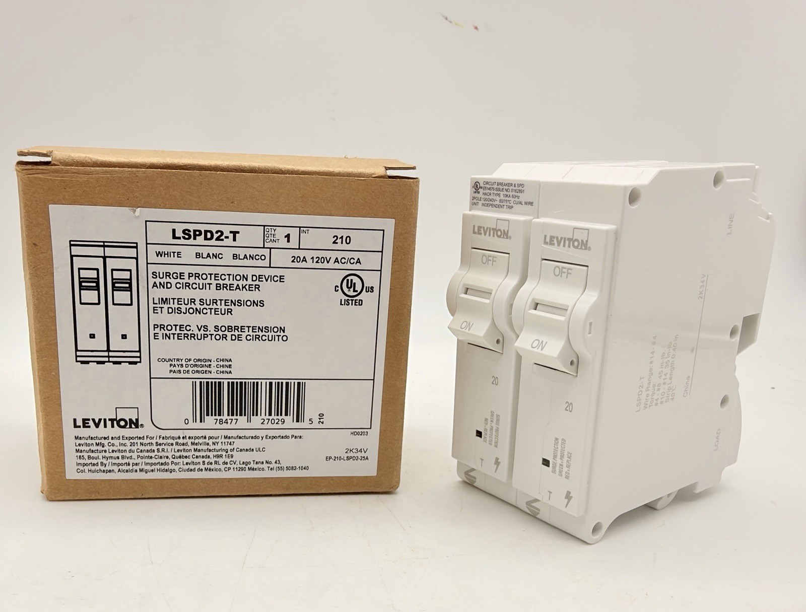 LEVITON LSPD2-T 20A SURGE PROTECTIVE DEVICE PLUG-ON BREAKERS TYPE 1 120V UL NEW