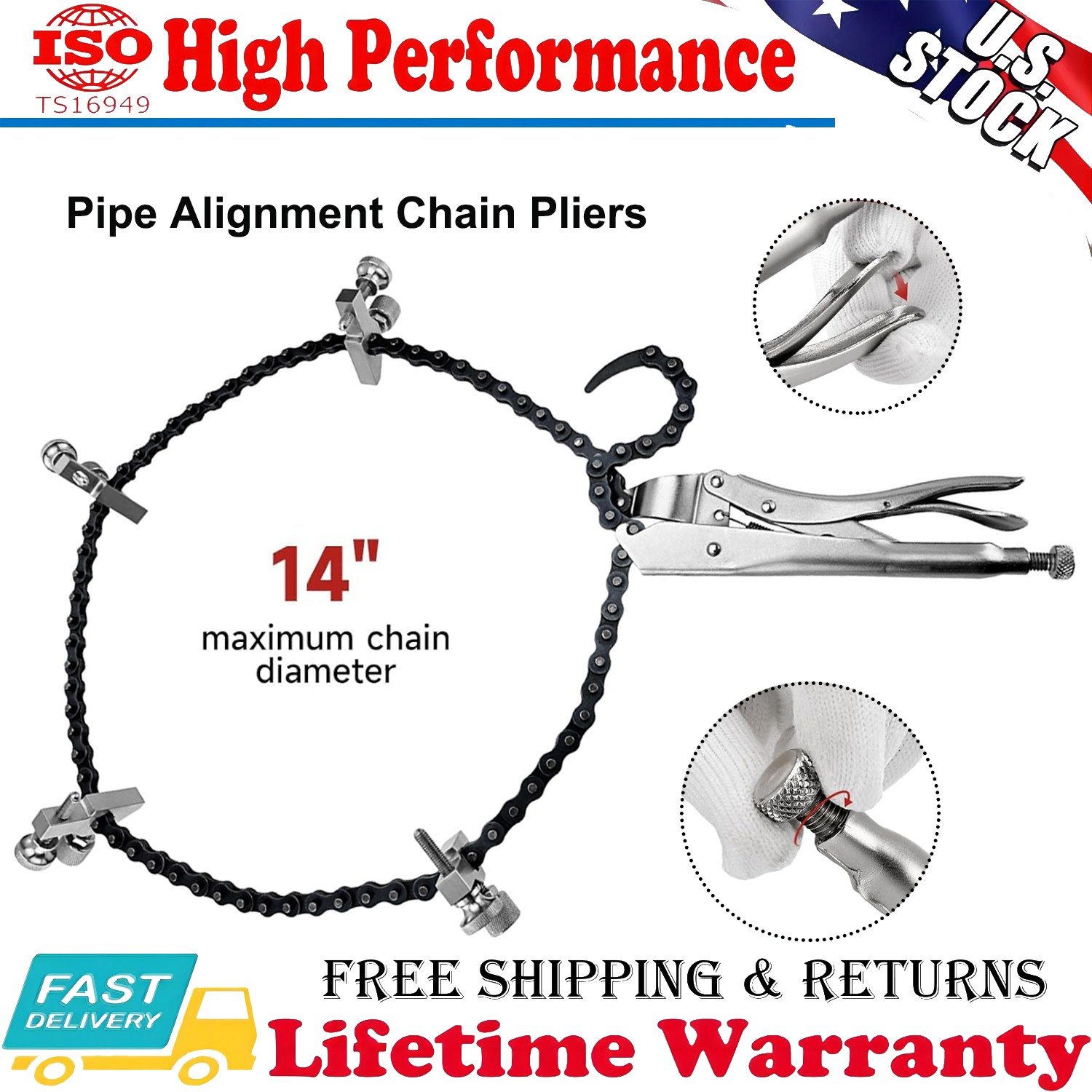 Adjustable Pipe Alignment Chain Pliers Clamp, Fit for Round Pipes up to 14″ in