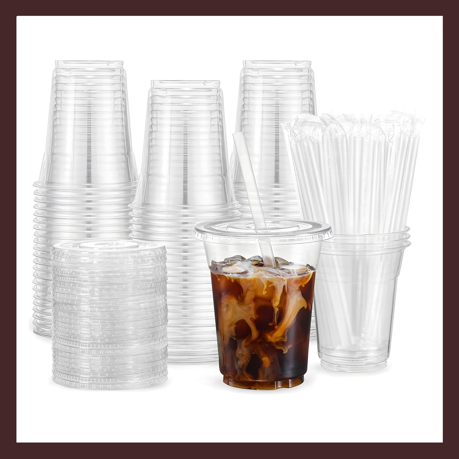 Plastic Clear Cups [12 oz] with Lids and Straws [10 Set] Disposable Cold