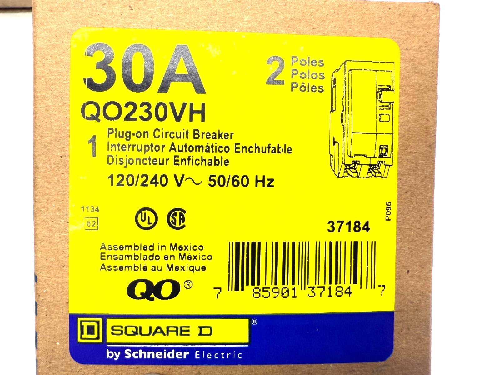 Square D QO230VH Circuit Breaker QO, 30A, 2 pole, 120/240VAC, 22kA, Plugin
