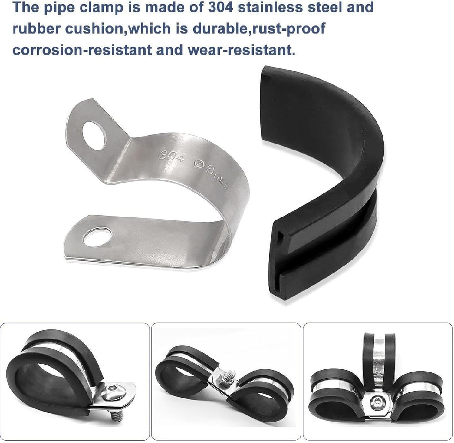 136PCS Cable Clamps Assortment Kit,10 Sizes 304 Stainless Steel Rubber Cushion