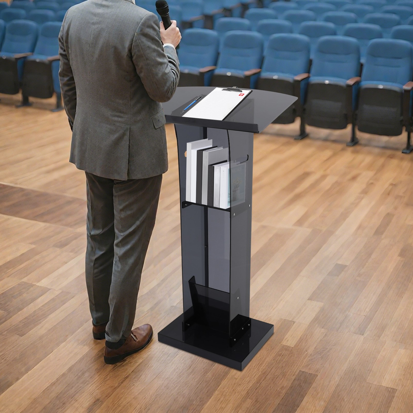 Acrylic Podium Stand, Floor Standing Portable Pulpits with Storage Shelf Black