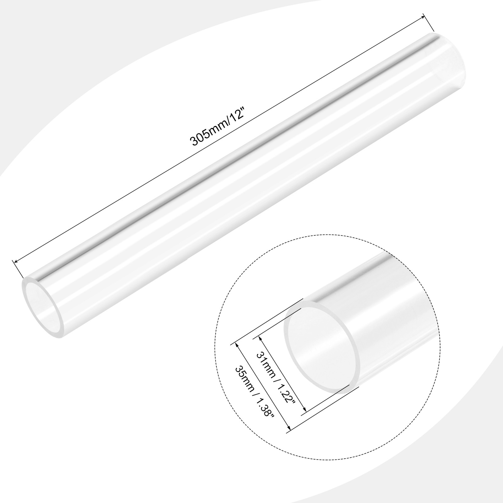 Clear Rigid Acrylic Pipe 31mm ID x 35mm OD x 305mm Round Tube
