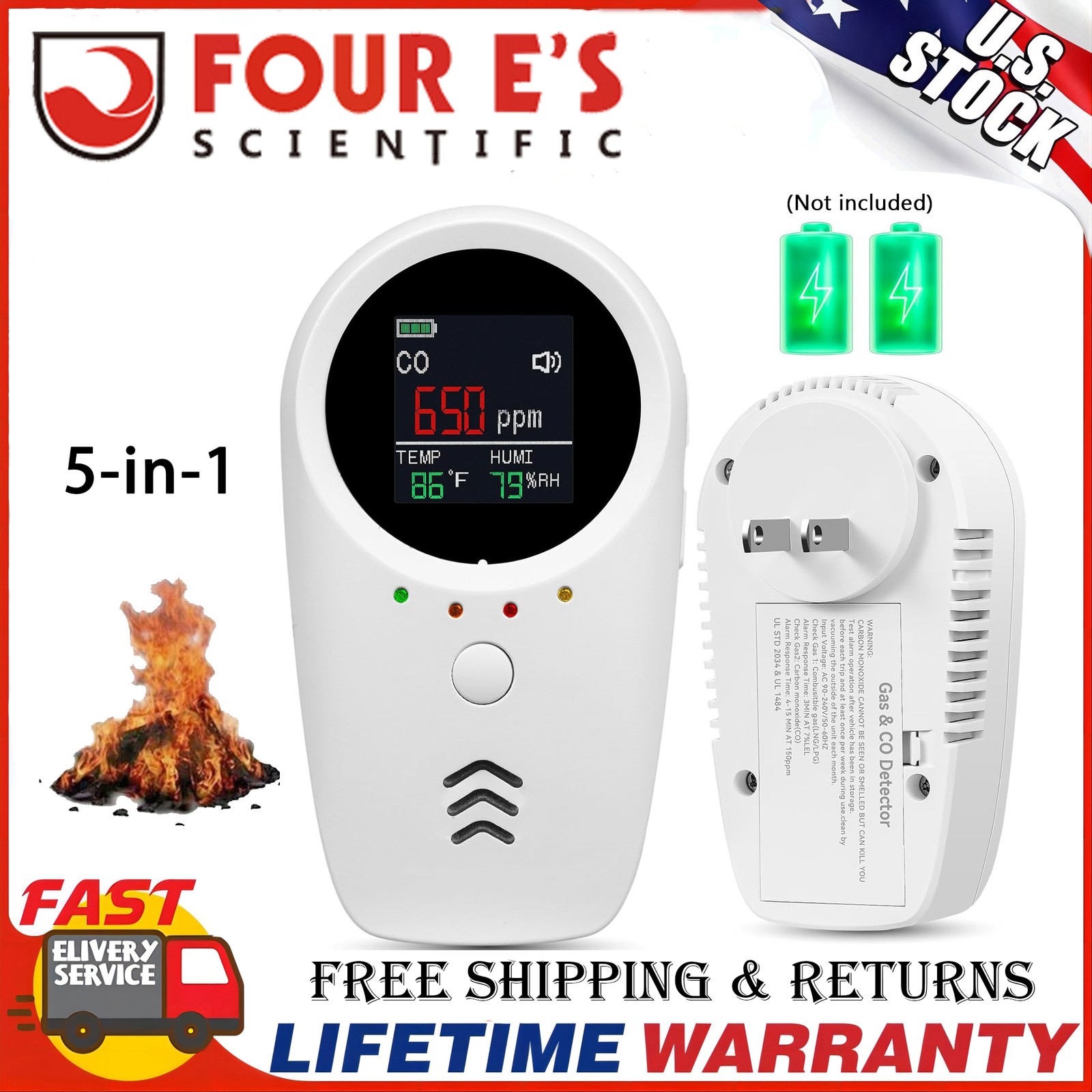 5-in-1 Carbon Monoxide Detector Warning Alarm Sensor LED Digital Gas Detector US
