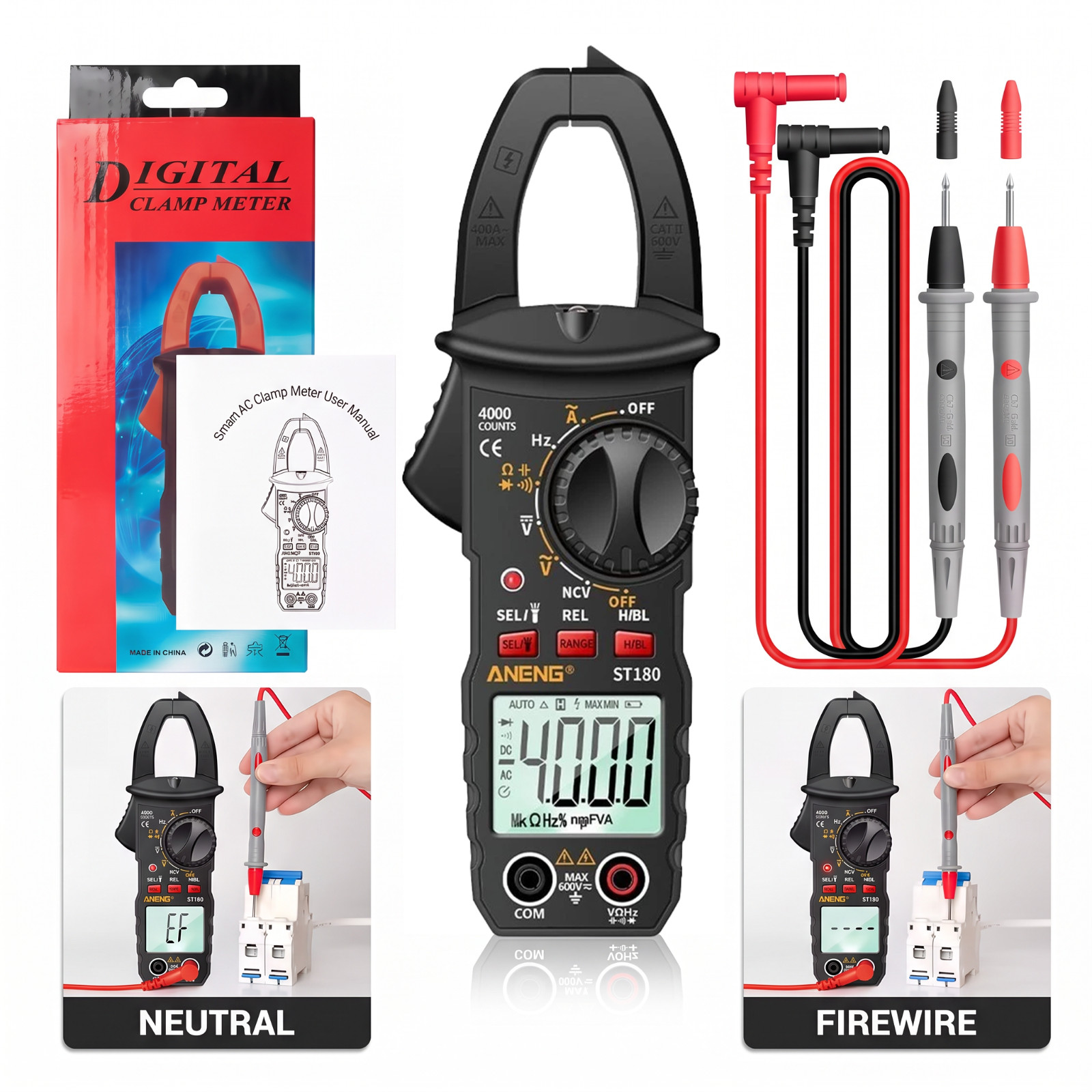 ANENG ST180 Digital Clamp Meter 4000 Counts AC Current Multimeter Voltage Test