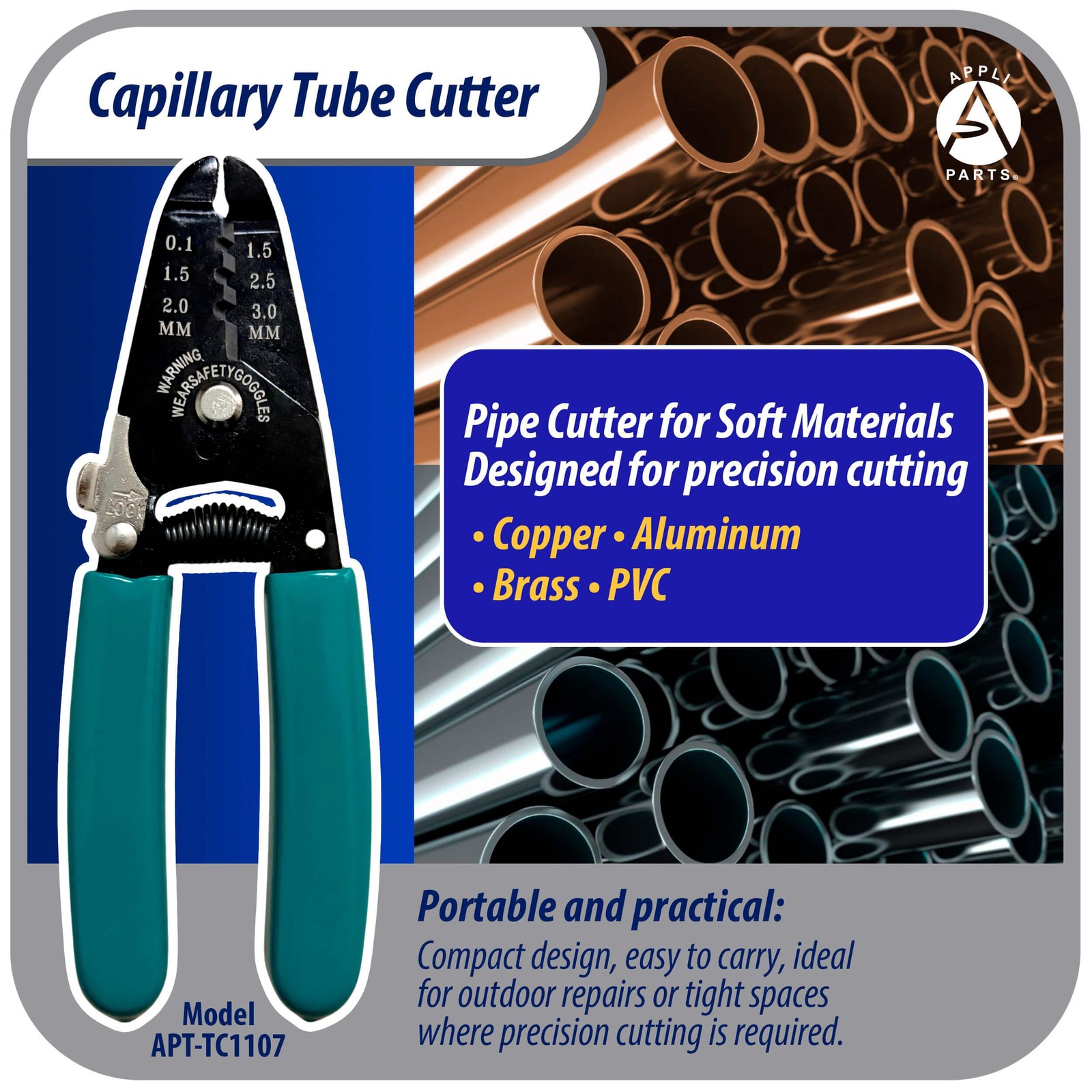 Appli Parts APT-TC1107 Capillary Tube Cutter for Copper up to 1/8 in 3 mm, Profe