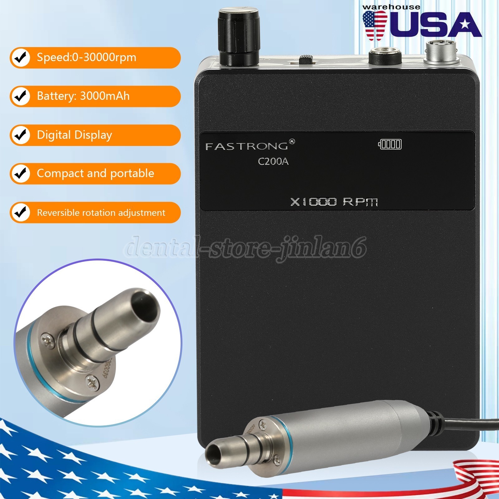 Portable Dental Lab Brushless Micromotor E-Type Grinding Polishing Machine BLACK