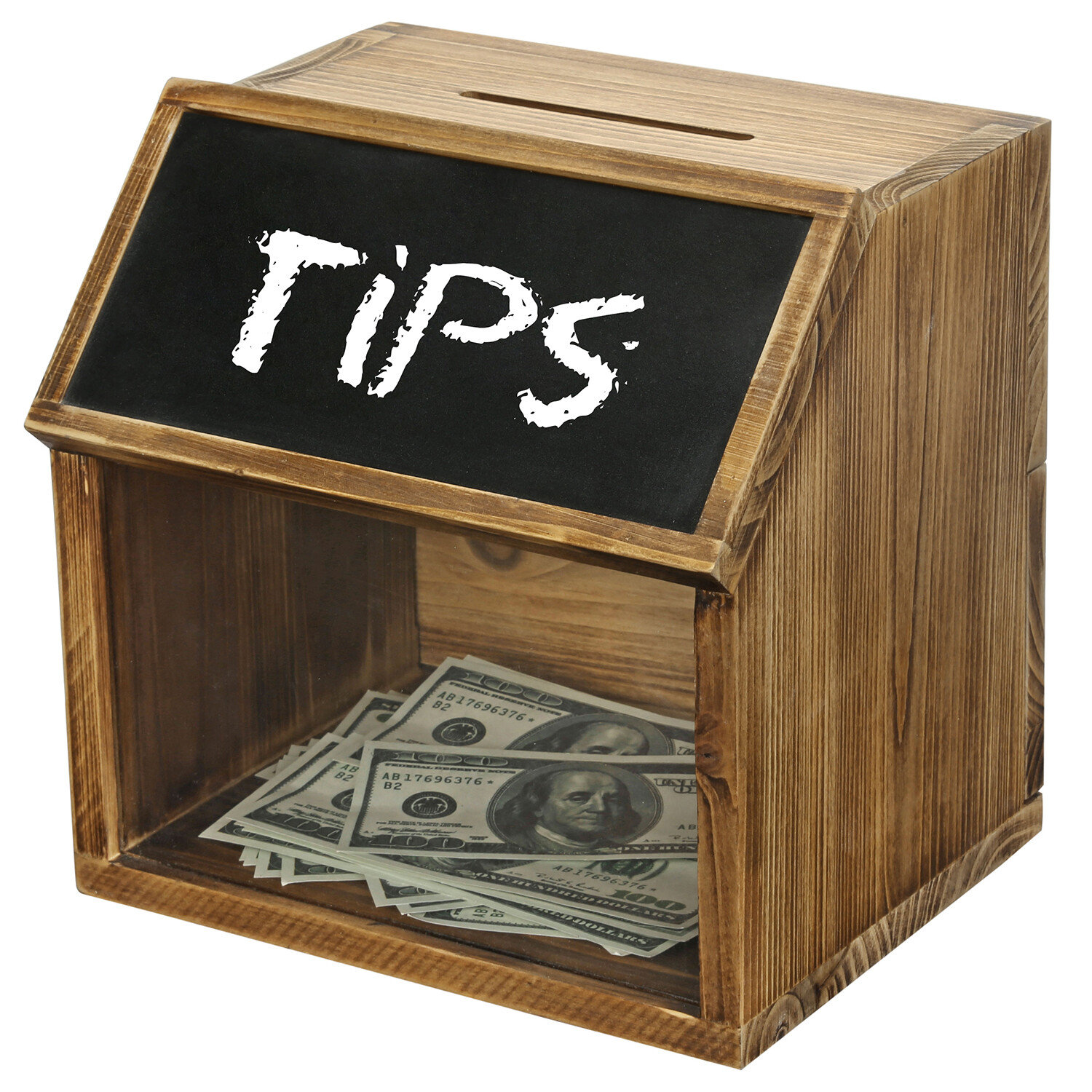 Rustic Burnt Solid Wood Suggestion Donation Ballot Box w/Chalkboard Label & Lock