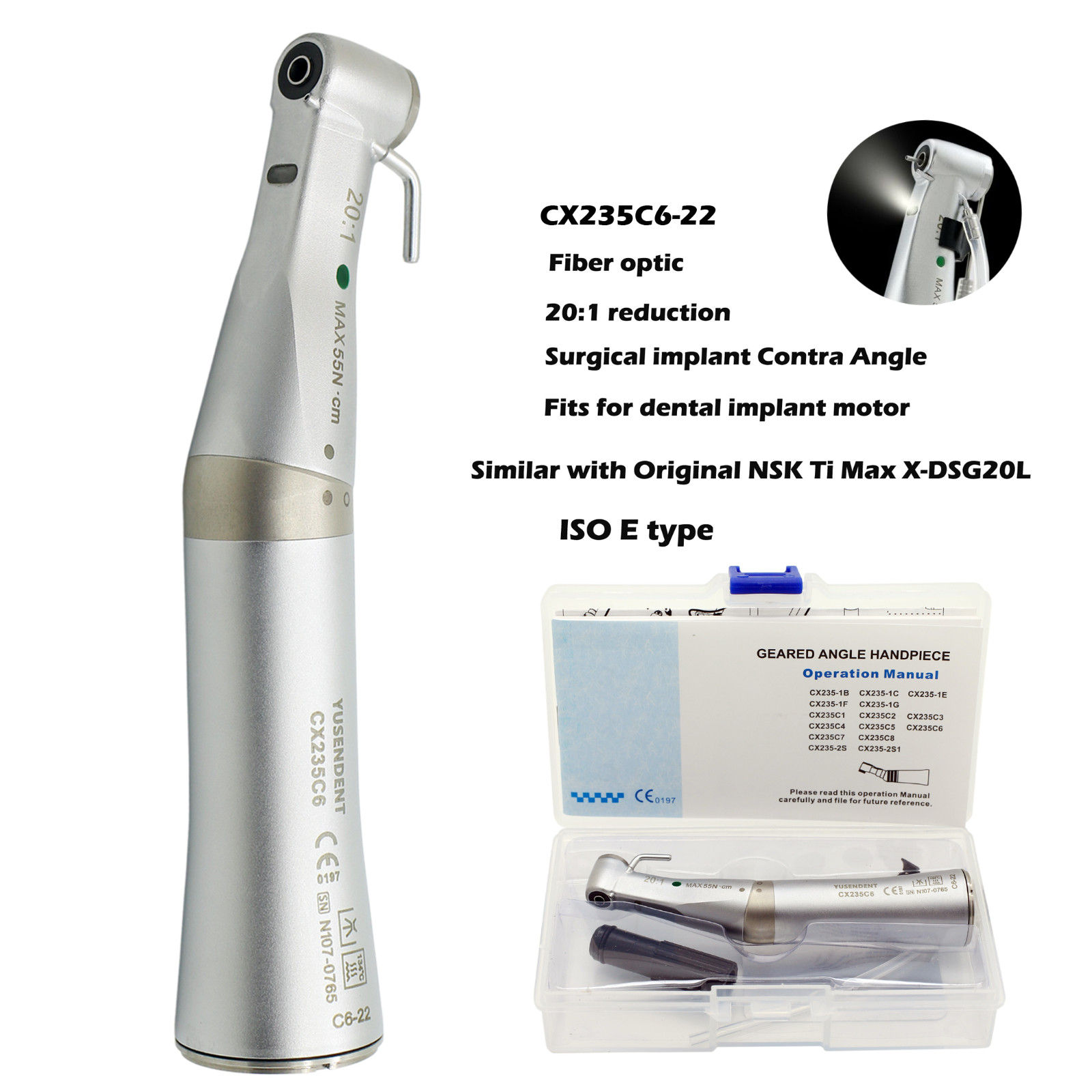 COXO Dental Surgical Handpiece 20:1 Implant Contra Angle 1:1 Straight Attachment
