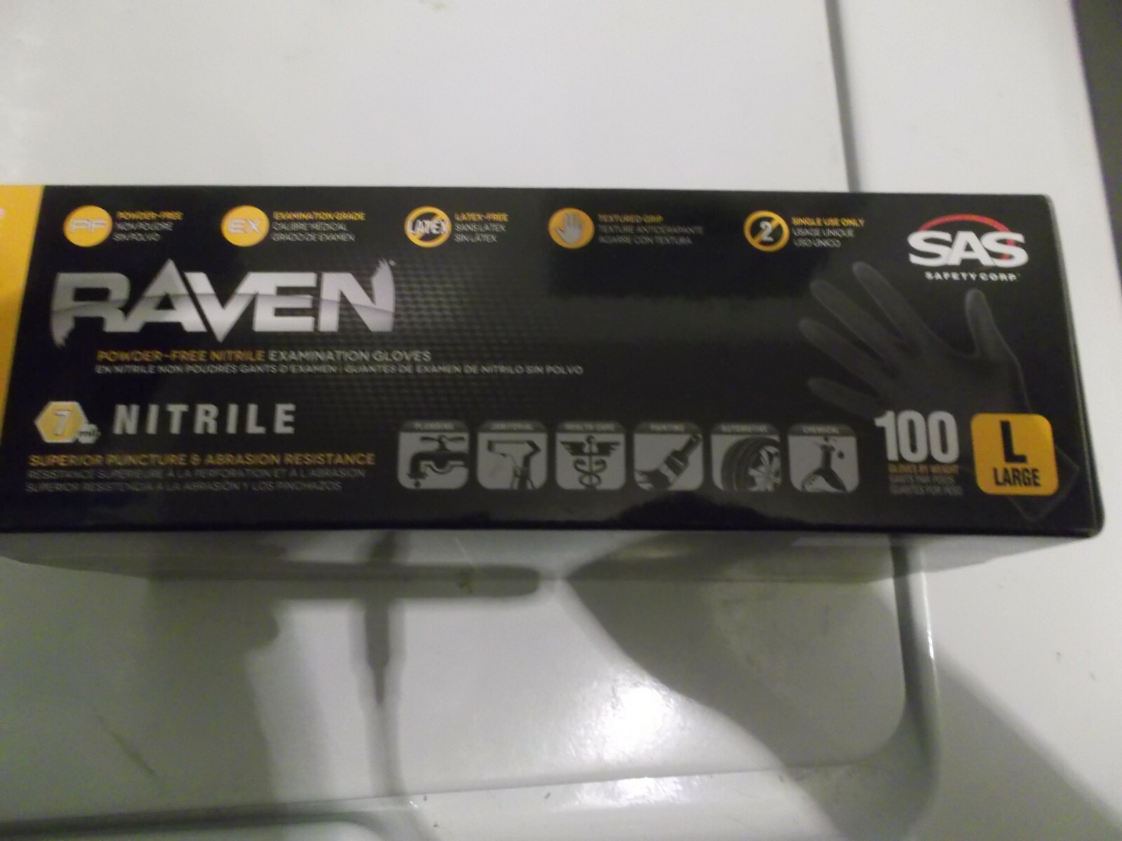 New Box of 100 SAS Safety Raven Black 7 MIL Nitrile Exam Gloves-Sz L-66518